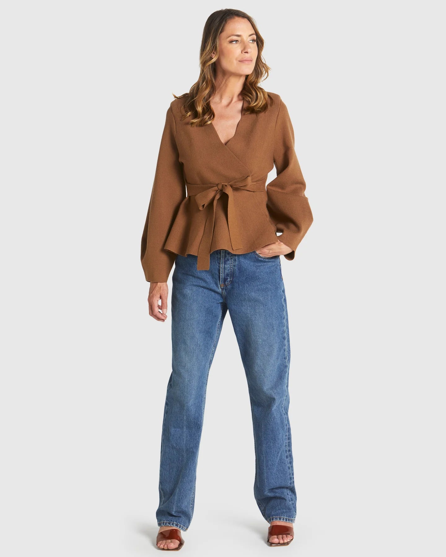 Collection of Fate and Becker Tiny Dancer Wrap Cardi - Cinnamon Brown in a gallery layout