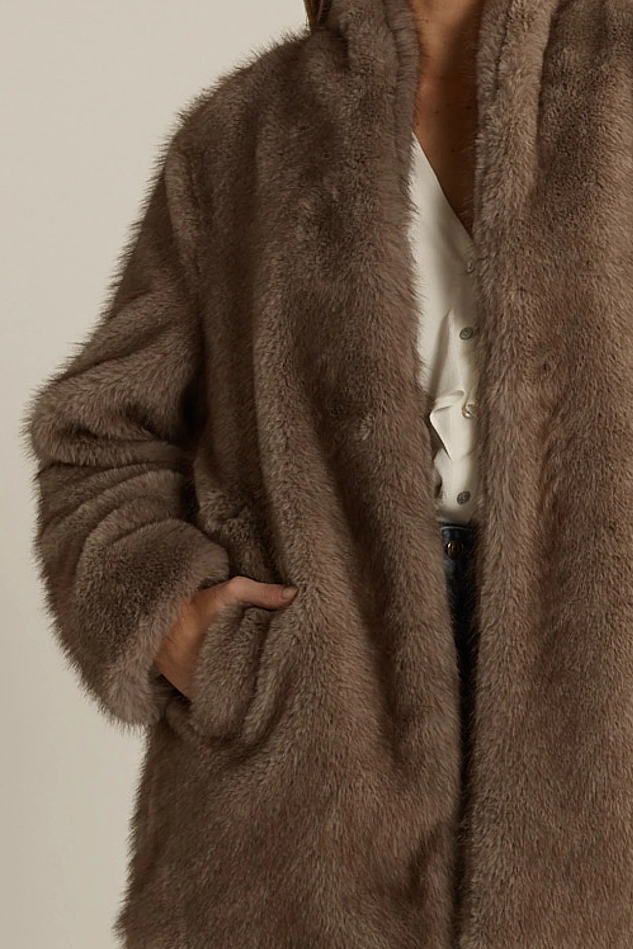 Fate & Becker Brown fuzzy robe worn by a woman on a neutral background