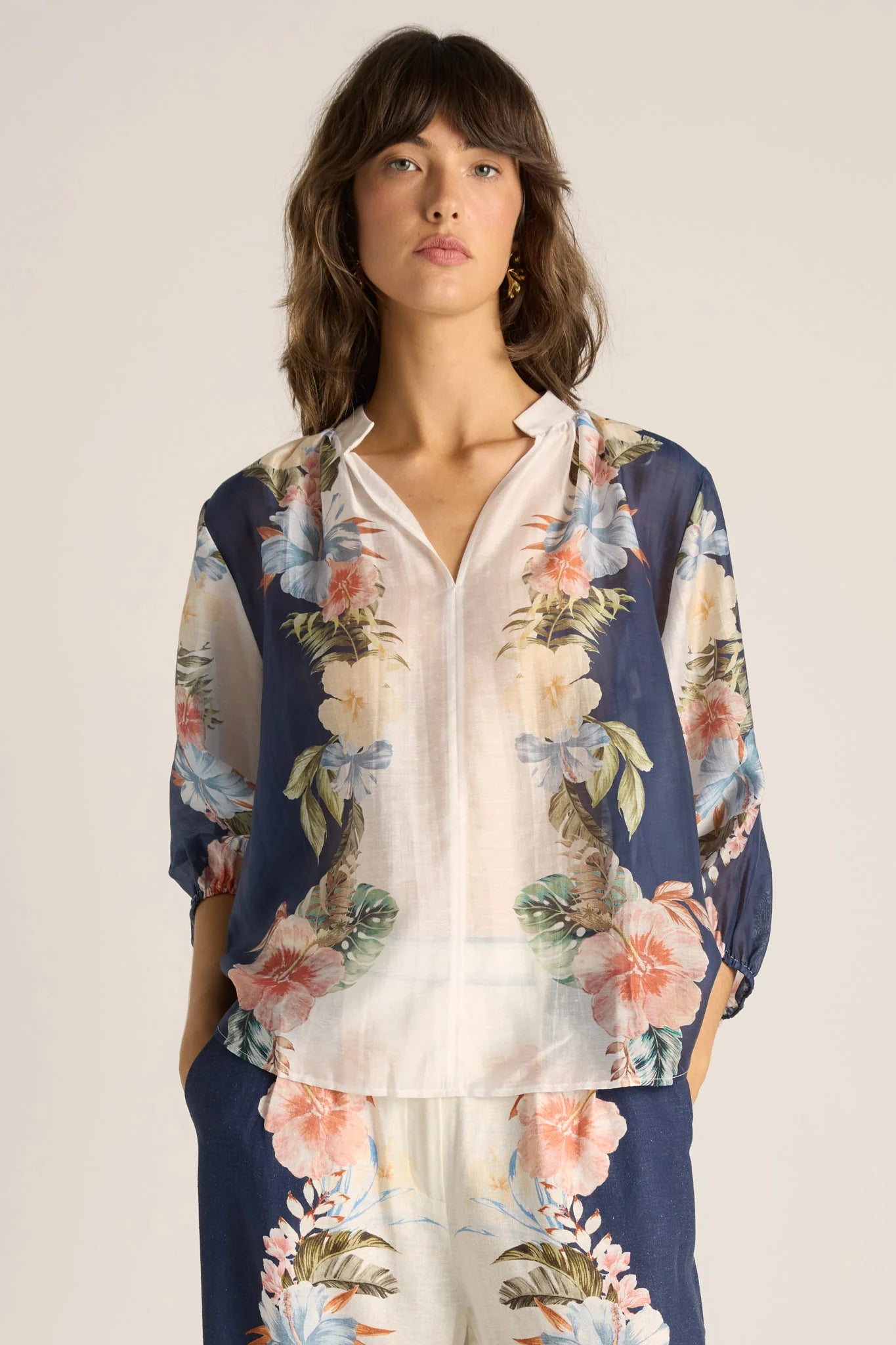 Fate and Becker Solara Split Neck Blouse - Navy Print