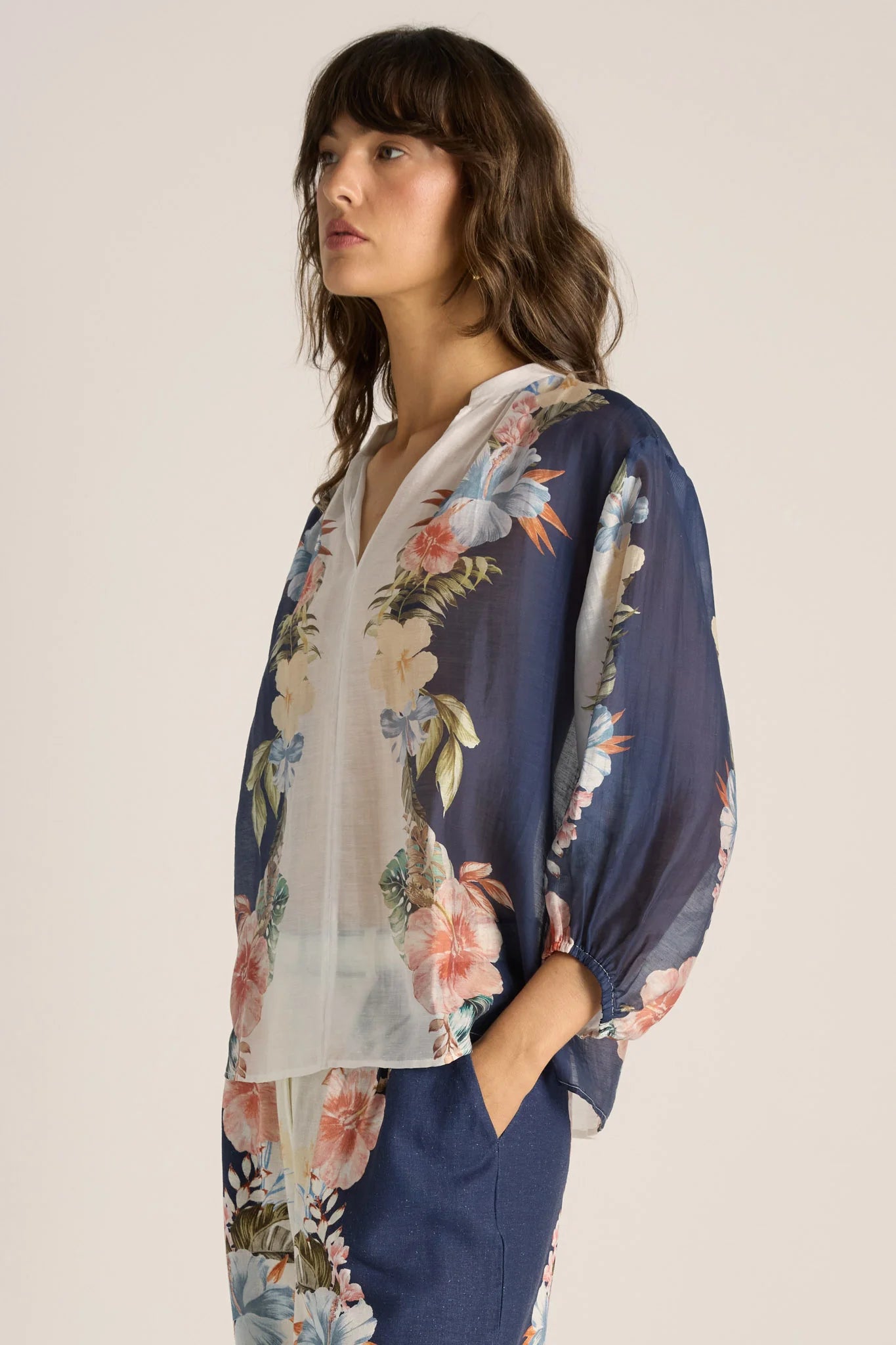 Collection of Fate and Becker Solara Split Neck Blouse - Navy Print in a gallery layout