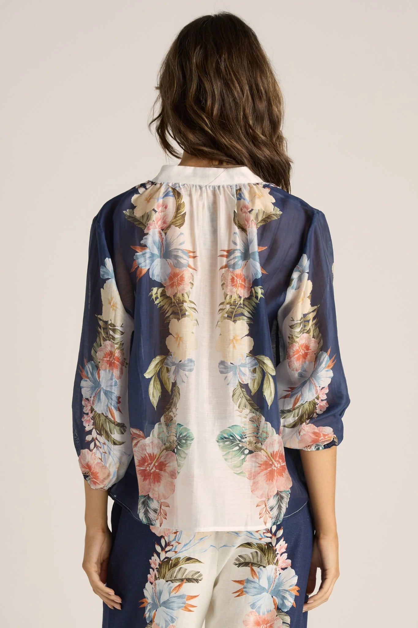 Fate and Becker Solara Split Neck Blouse - Navy Print