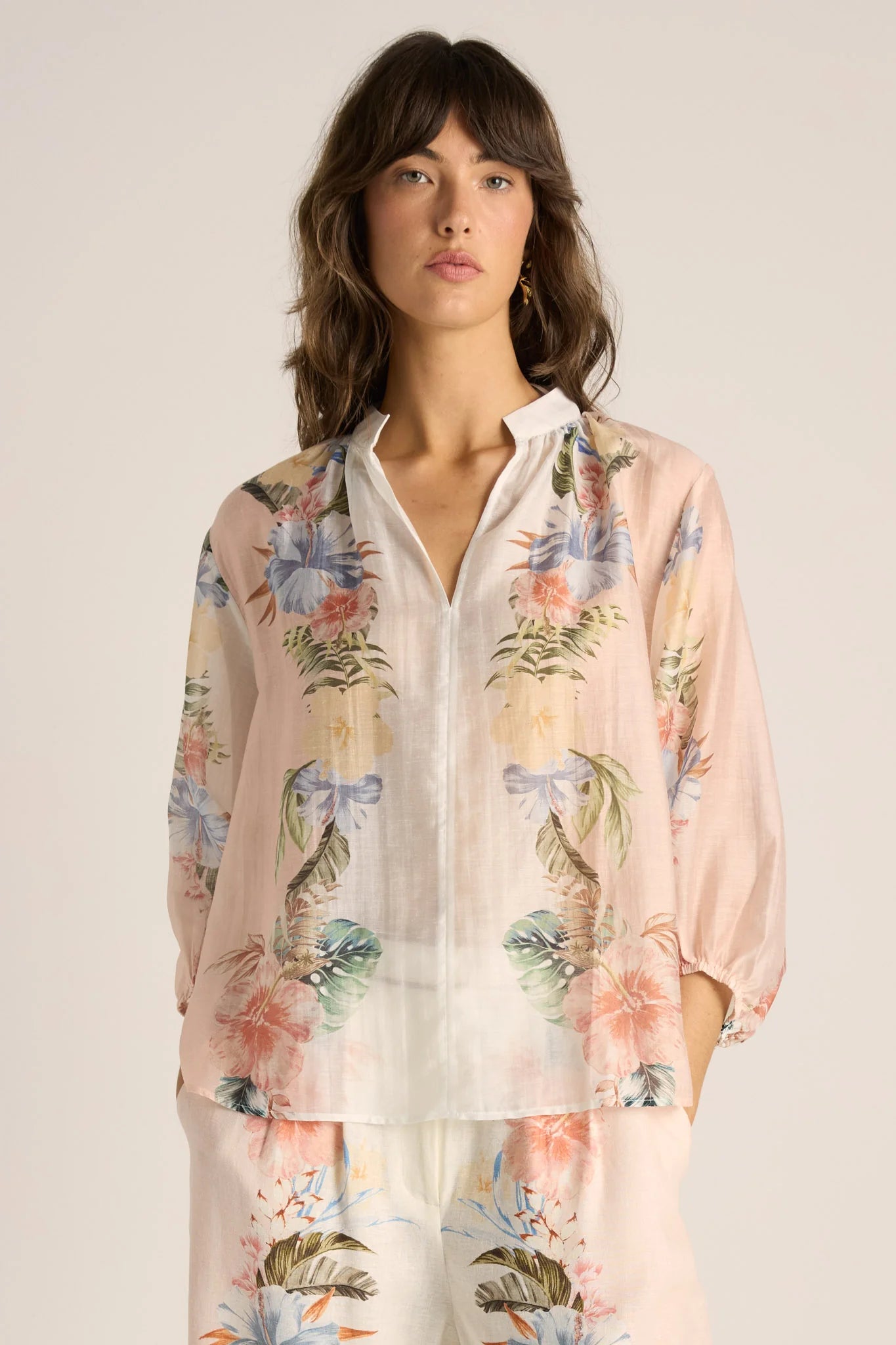 Fate and Becker Solara Split Neck Blouse - Pink Print