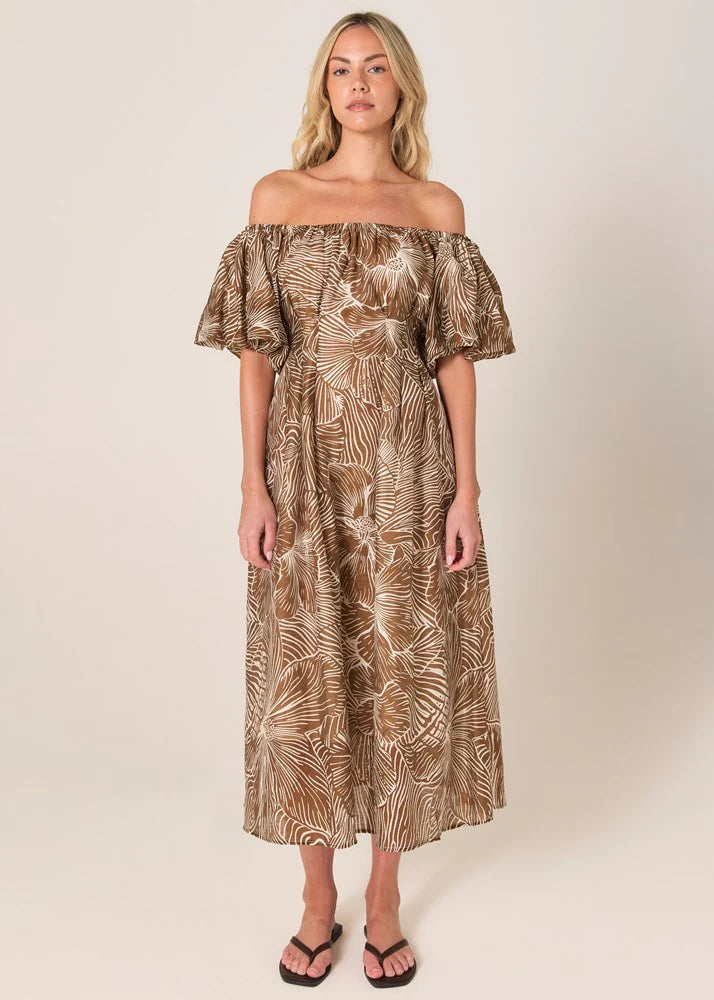 Fate and Becker Tallulah Off Shoulder Dress - Brown Petal Print