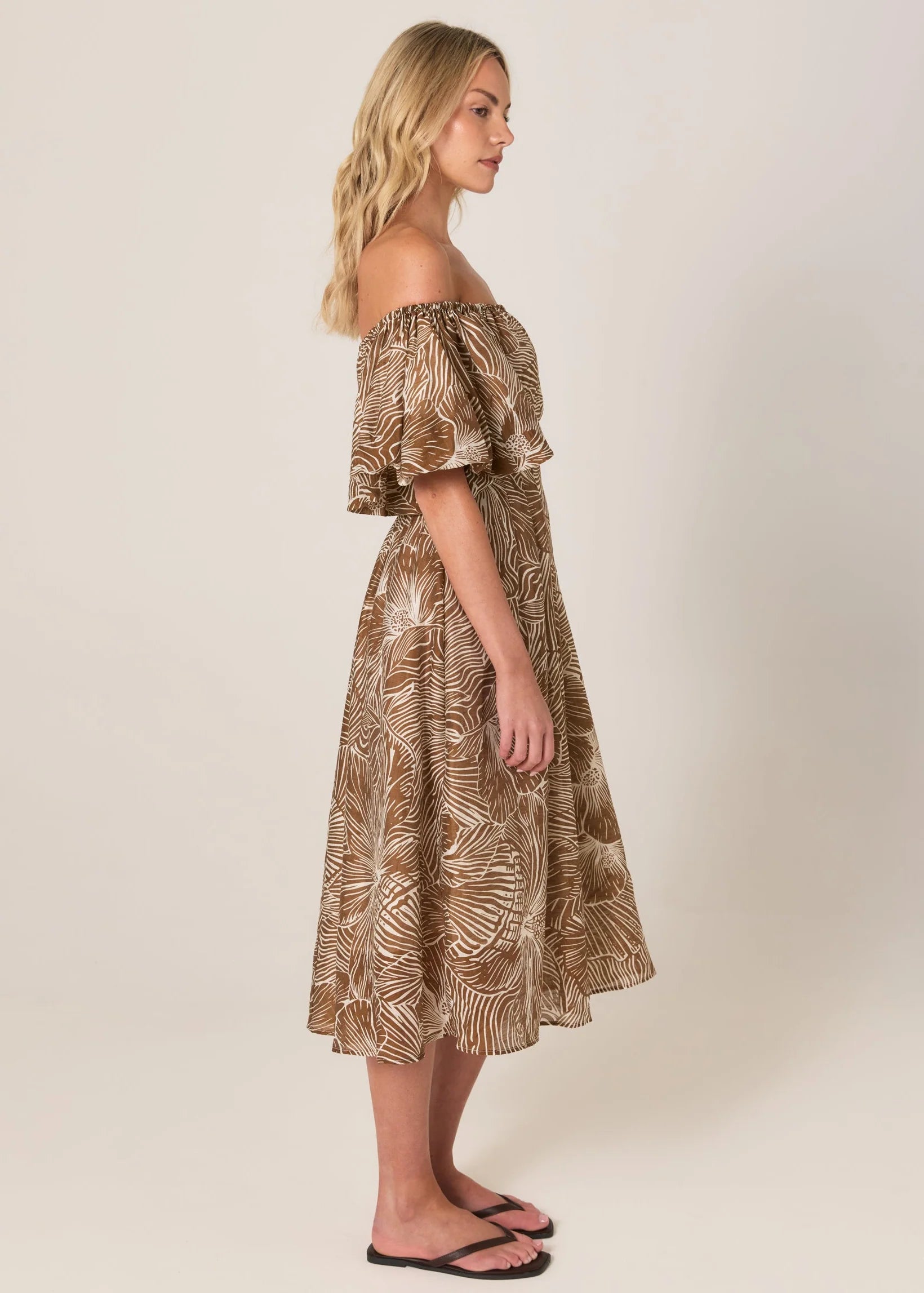 Fate and Becker Tallulah Off Shoulder Dress - Brown Petal Print