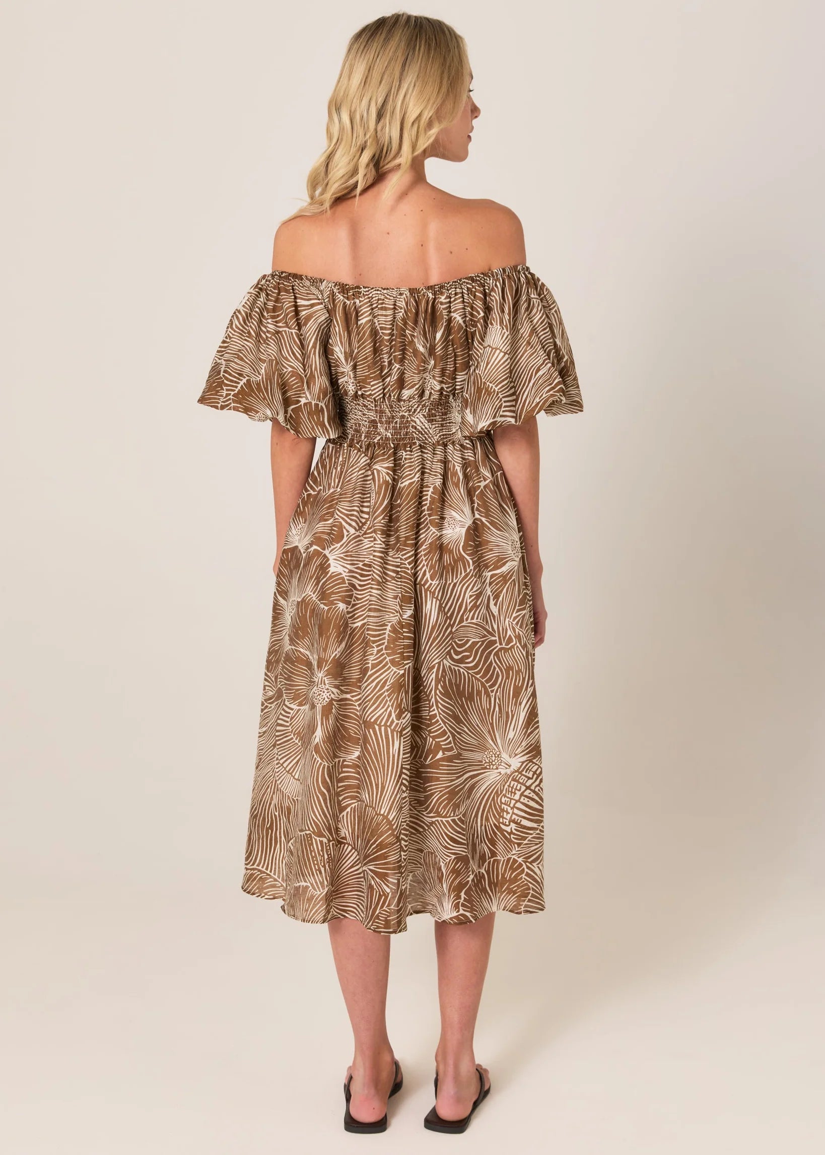 Fate and Becker Tallulah Off Shoulder Dress - Brown Petal Print