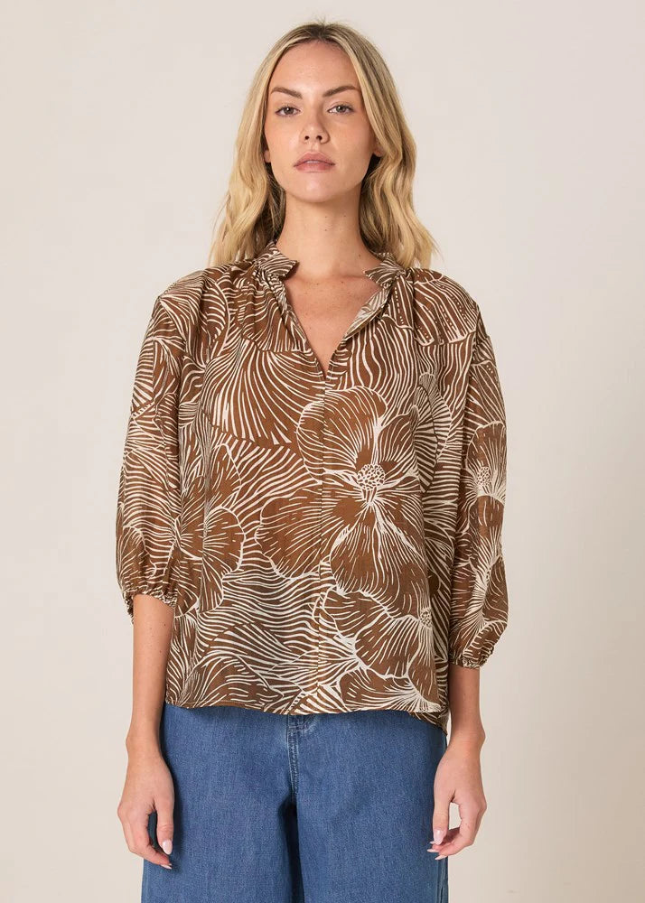 Fate and Becker Tallulah Split Neck Blouse - Brown Petal Print
