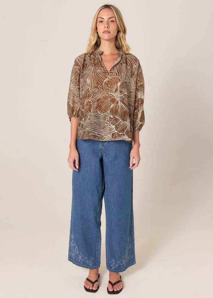 Collection of Fate and Becker Tallulah Split Neck Blouse - Brown Petal Print in a gallery layout