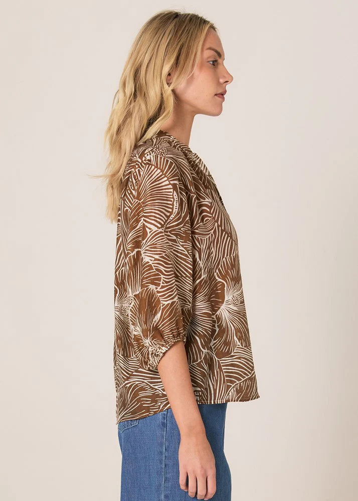 Fate and Becker Tallulah Split Neck Blouse - Brown Petal Print