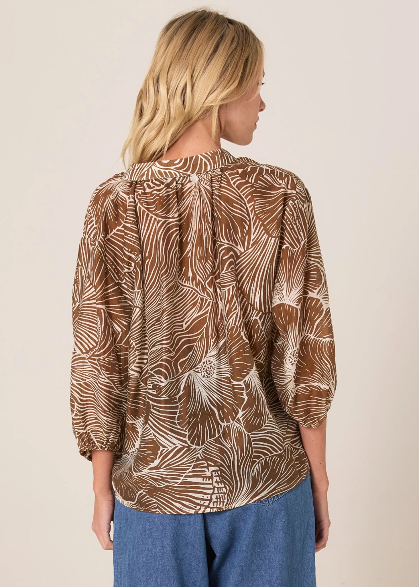 Fate and Becker Tallulah Split Neck Blouse - Brown Petal Print