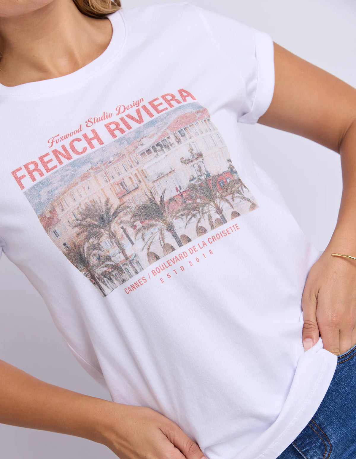 Foxwood white t-shirt with a graphic design of a cityscape and 'French Riviera' text on a white background.
