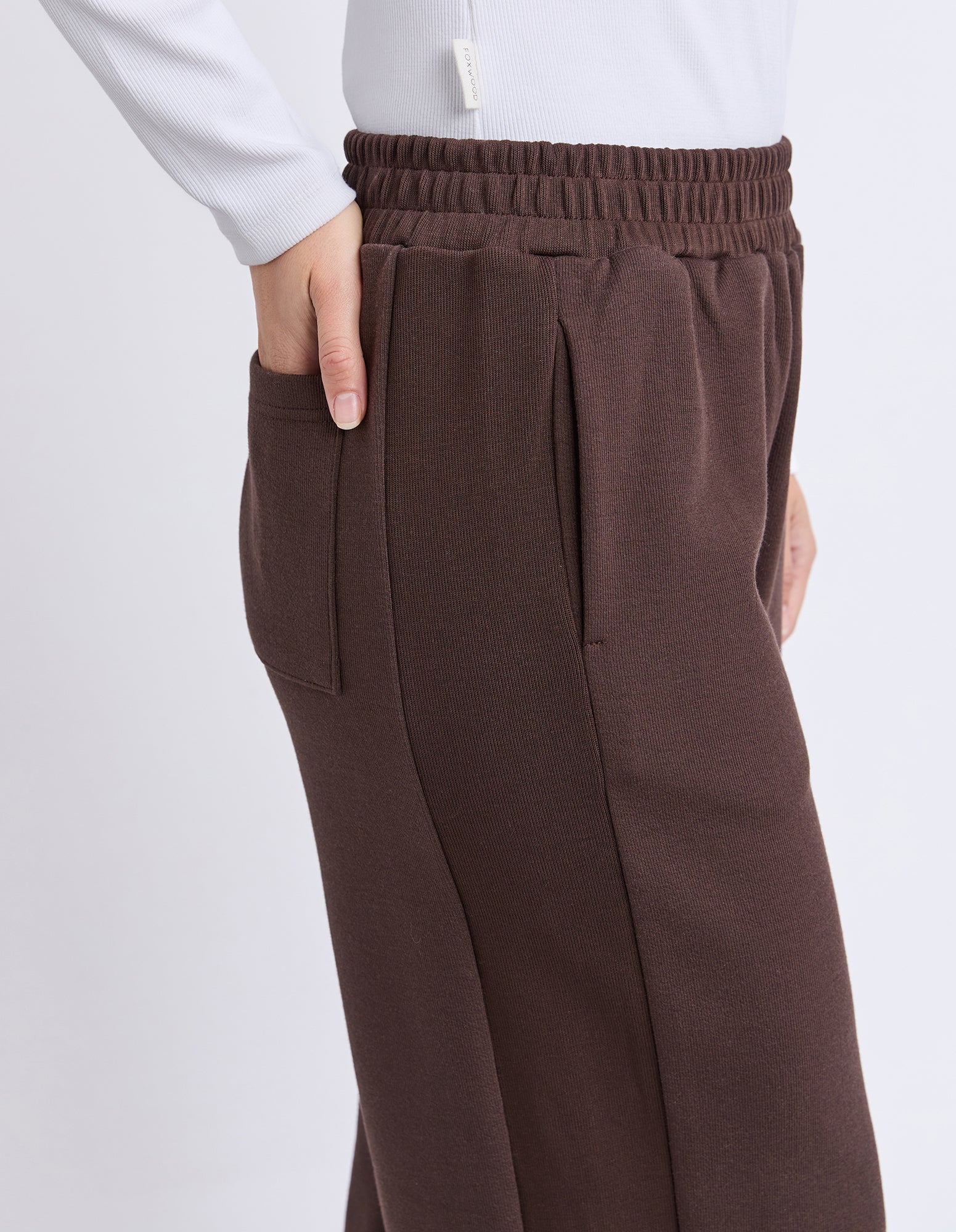 Image of Woman wearing Foxwood brown pants worn by a person on a white background