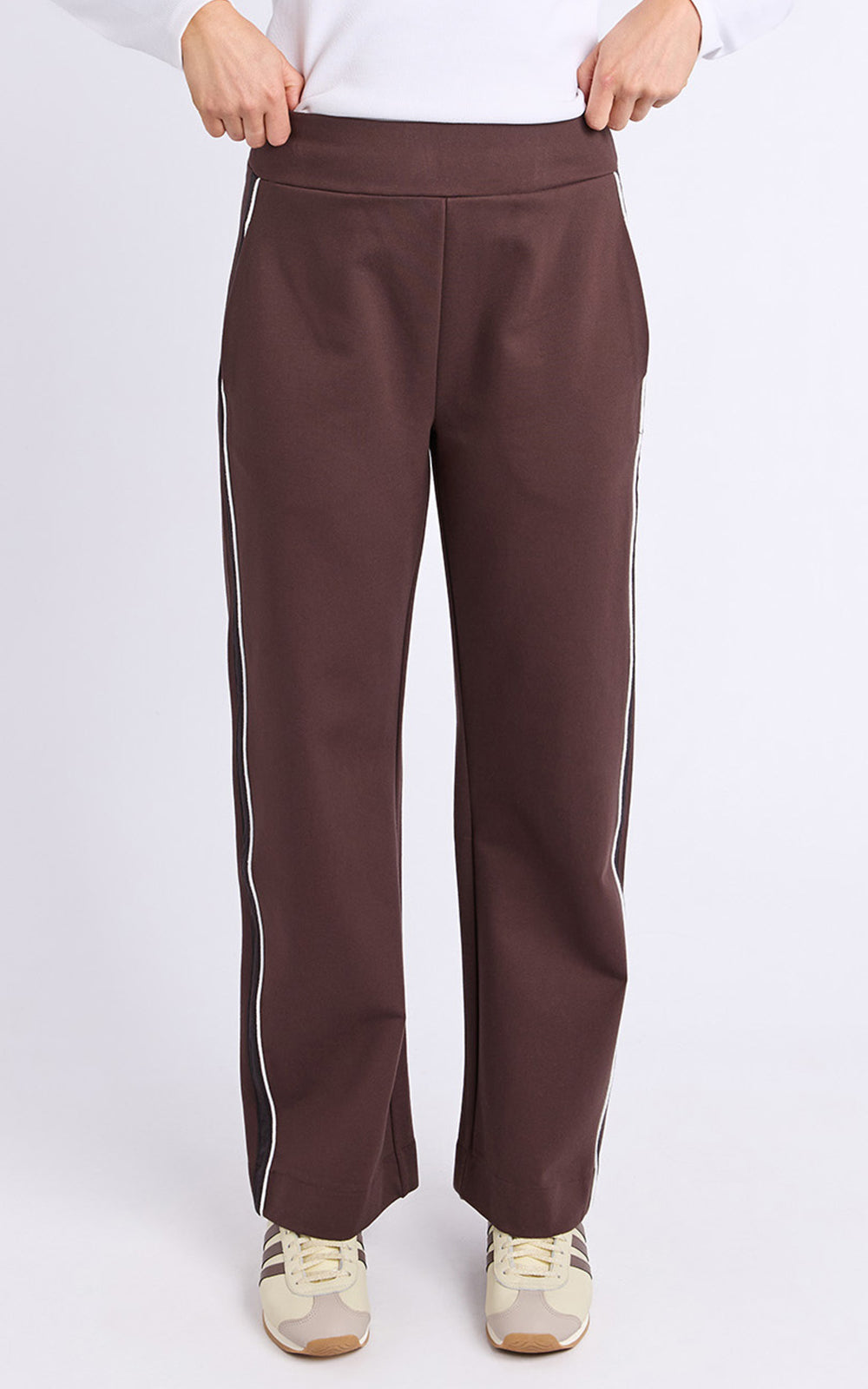 Image of Foxwood brown pants with white stripes on a white background