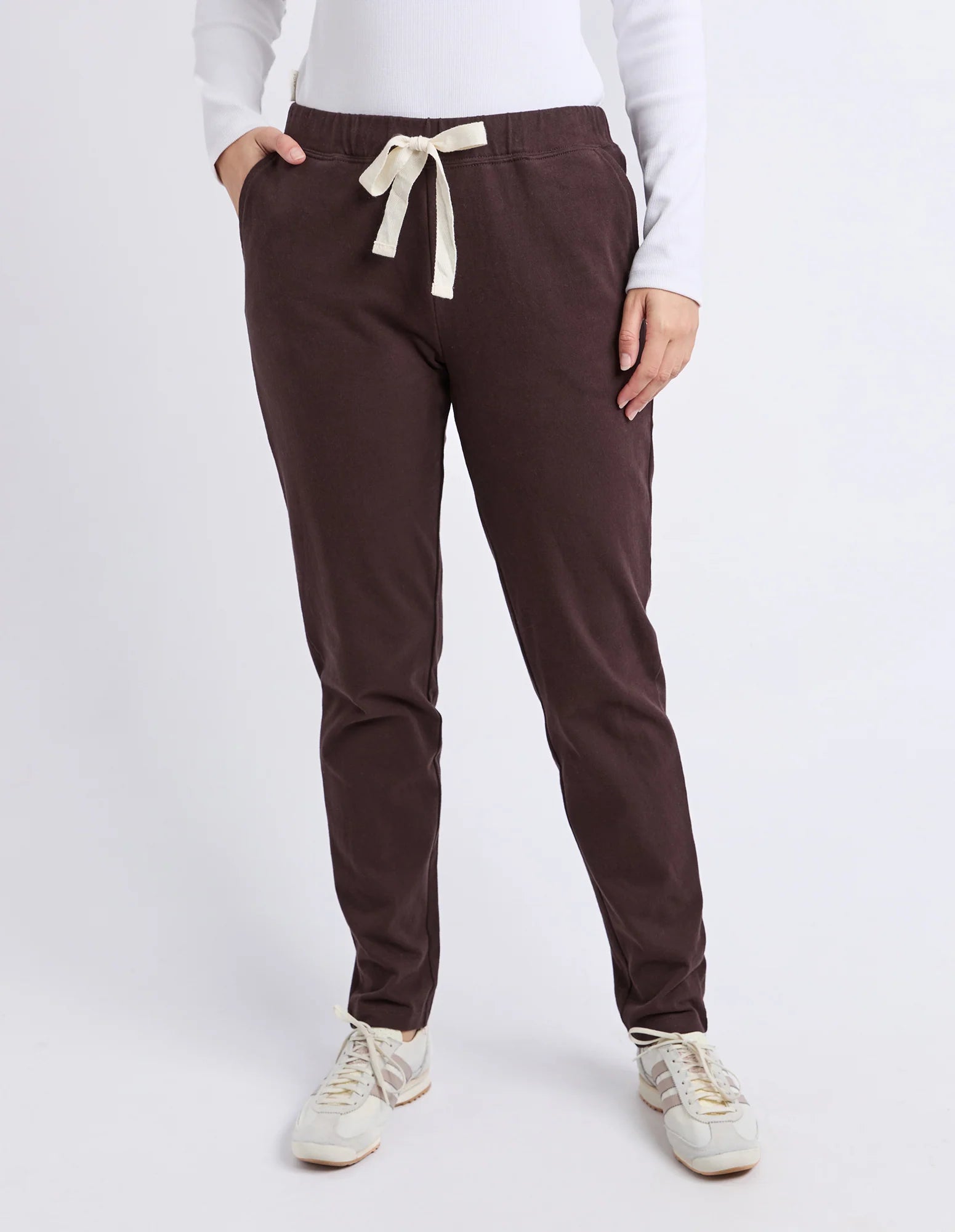 Foxwood Brown jogger pants with a white drawstring on a white background