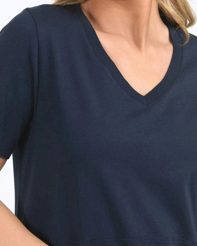 Image of A close-up of a woman wearing a Foxwood short-sleeve V-neck dress in dark navy blue.