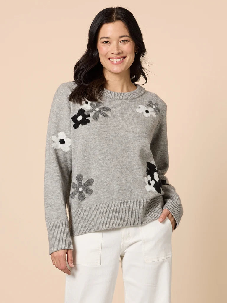 Collection of Woman wearing a Gordon Smith grey sweater with floral patterns on a beige background in a gallery layout