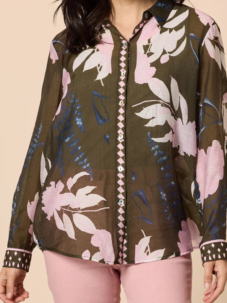 Image of Gordon Smith Floral patterned shirt with a beige background
