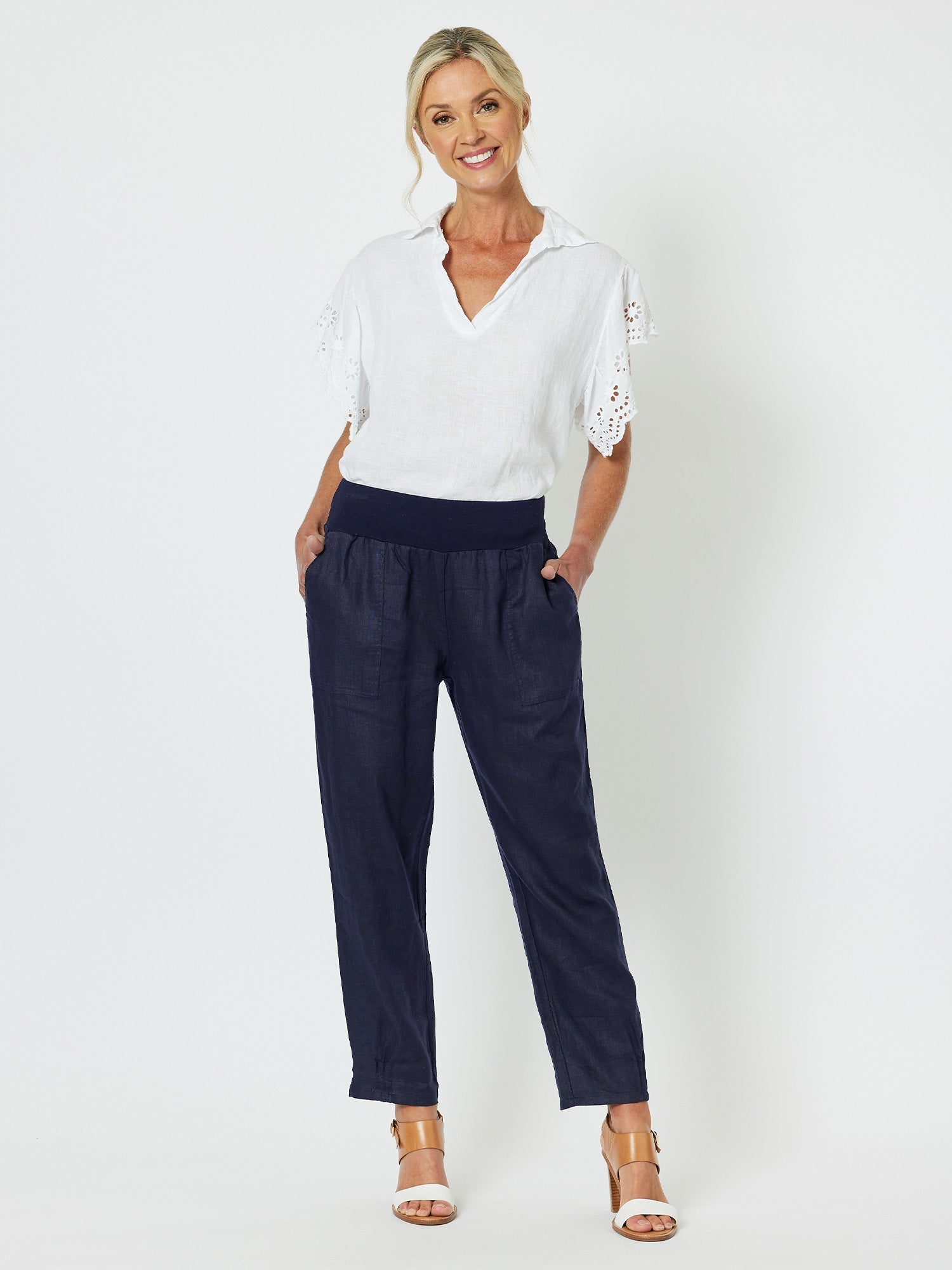 Women wearing Gordon Smith Navy Wide Leg Pants 