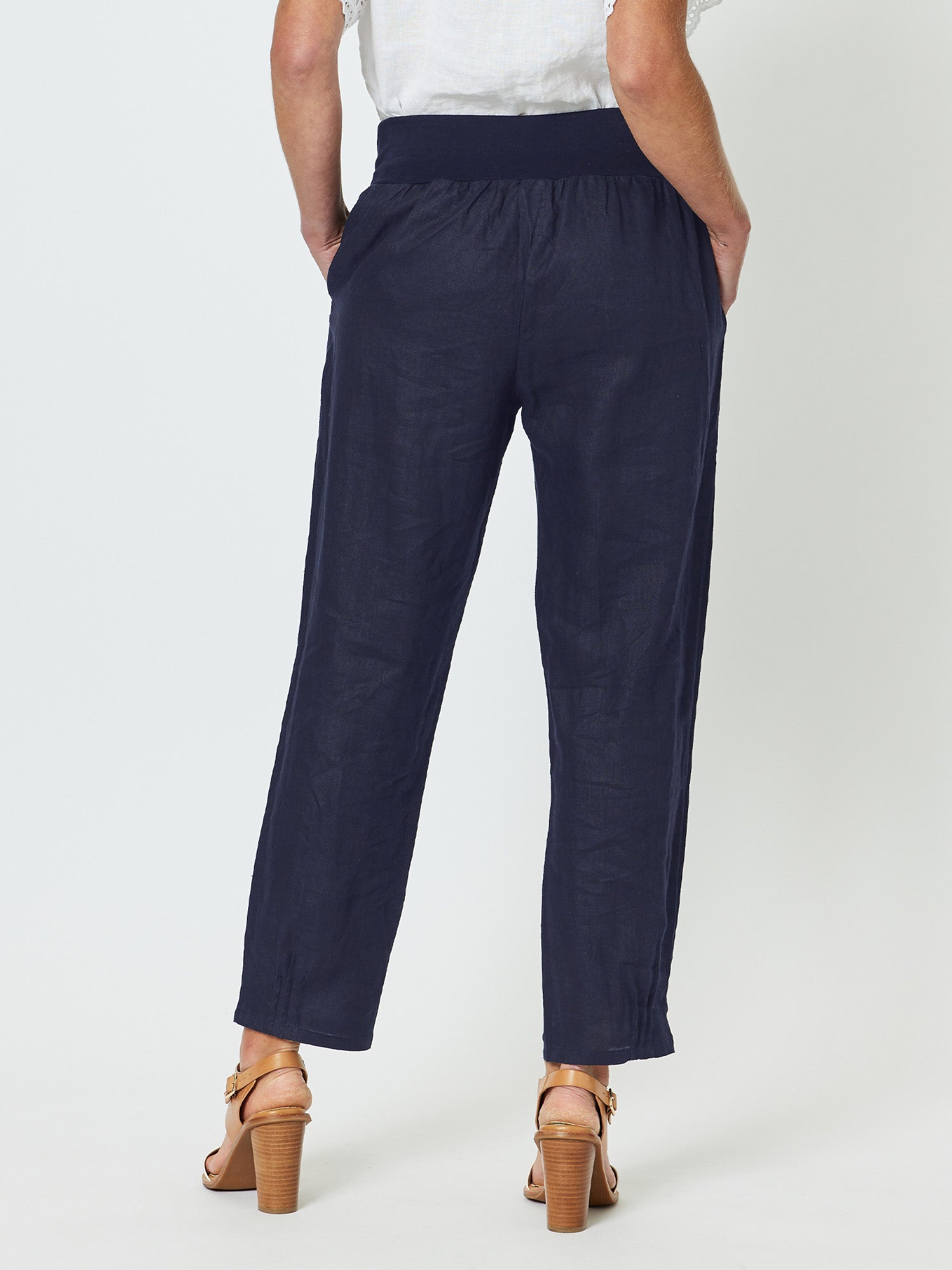 Women wearing Gordon Smith Navy Wide Leg Pants 