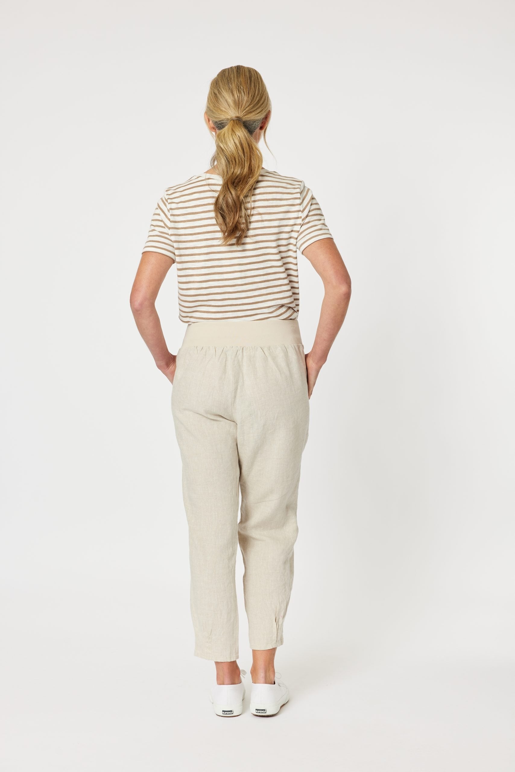 Image of Women wearing Gordon Smith pants with striped top 