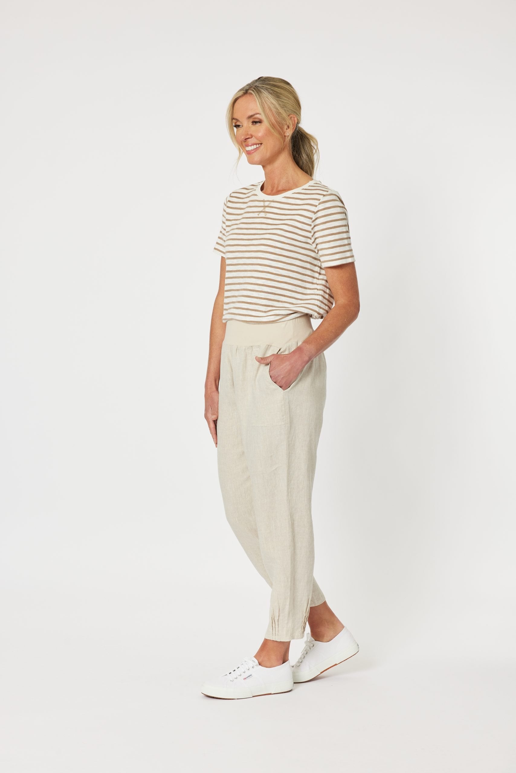 Image of Women wearing Gordon Smith Natural pants with stripe top 