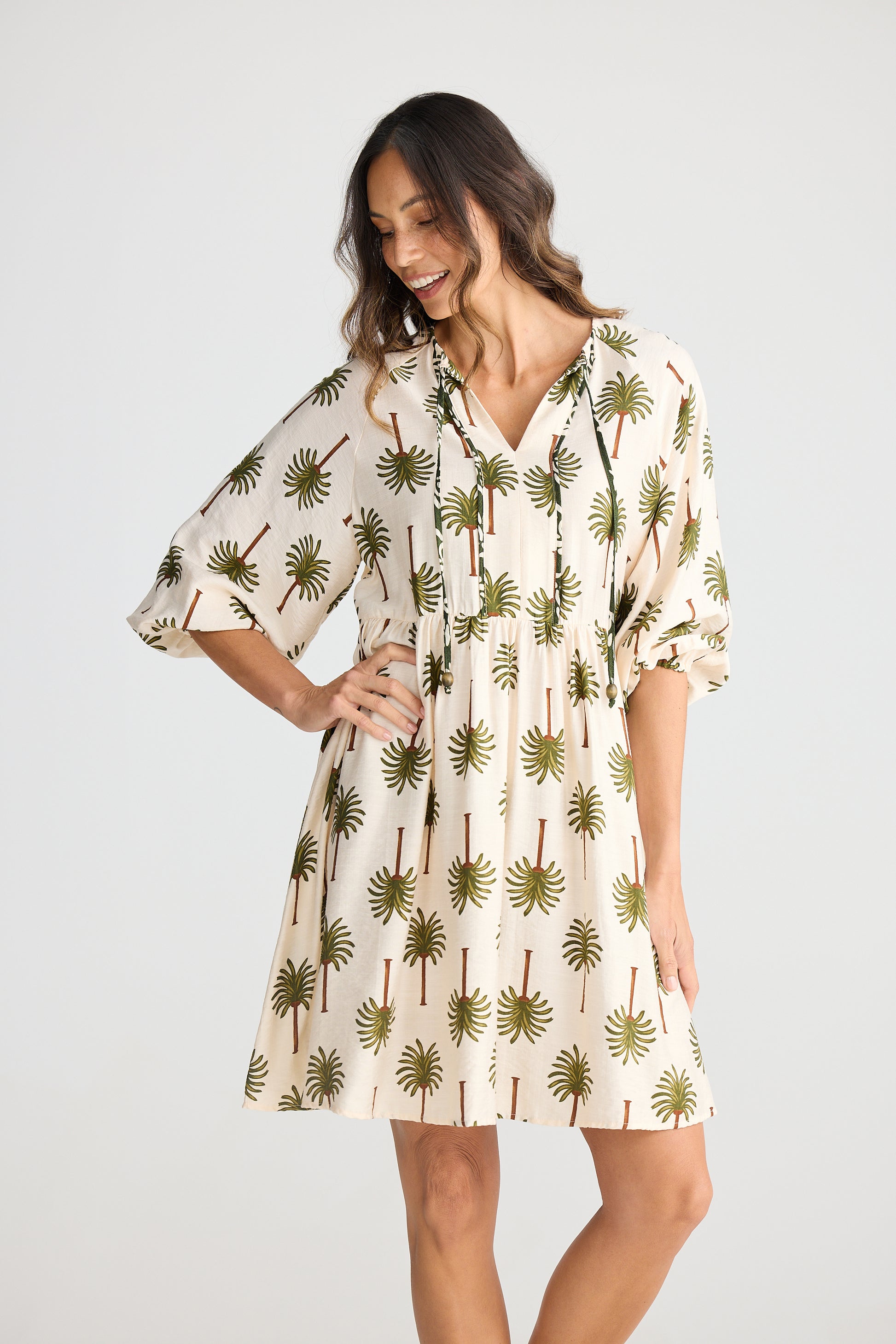 Holiday Alfina Dress - Ivory Palm Print