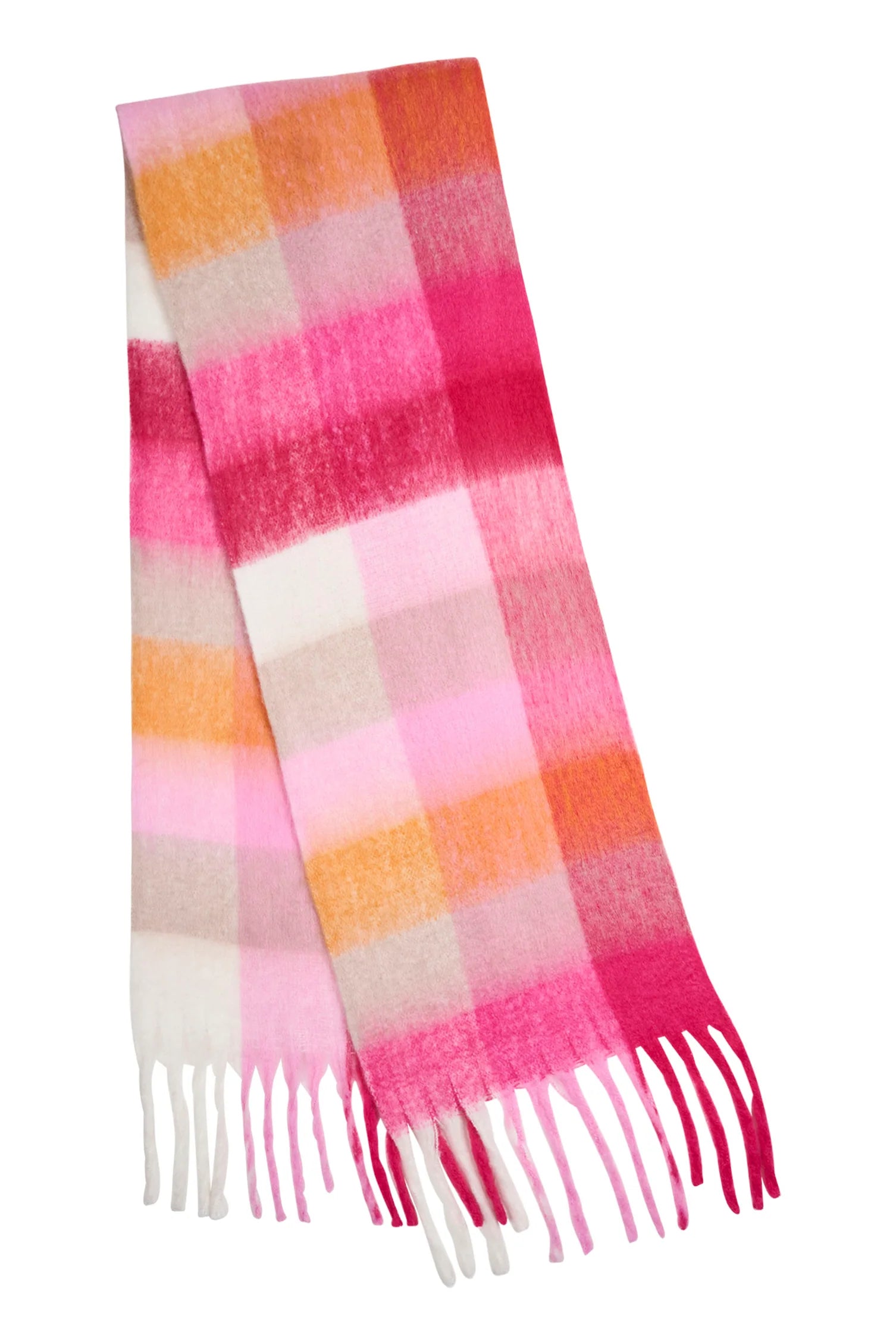 Image of Haven Plaid scarf with pink, orange, and beige colors on a white background