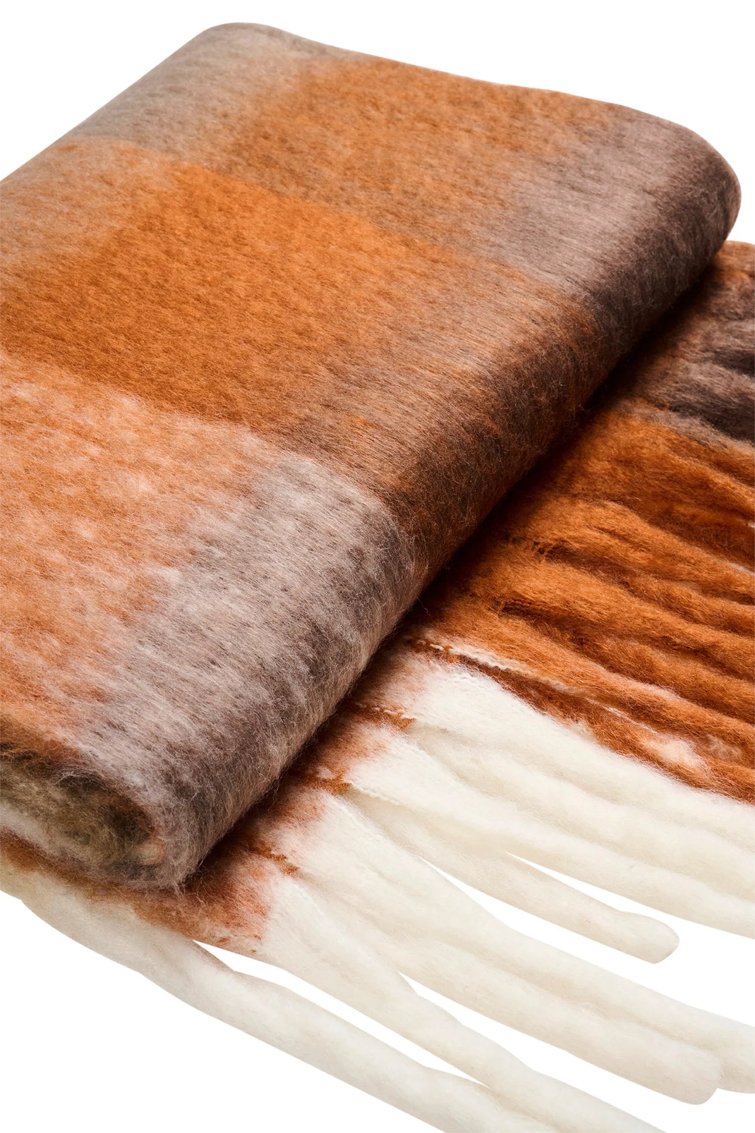 Image of Folded Haven plaid scarf with brown, orange, and white colors on a white background