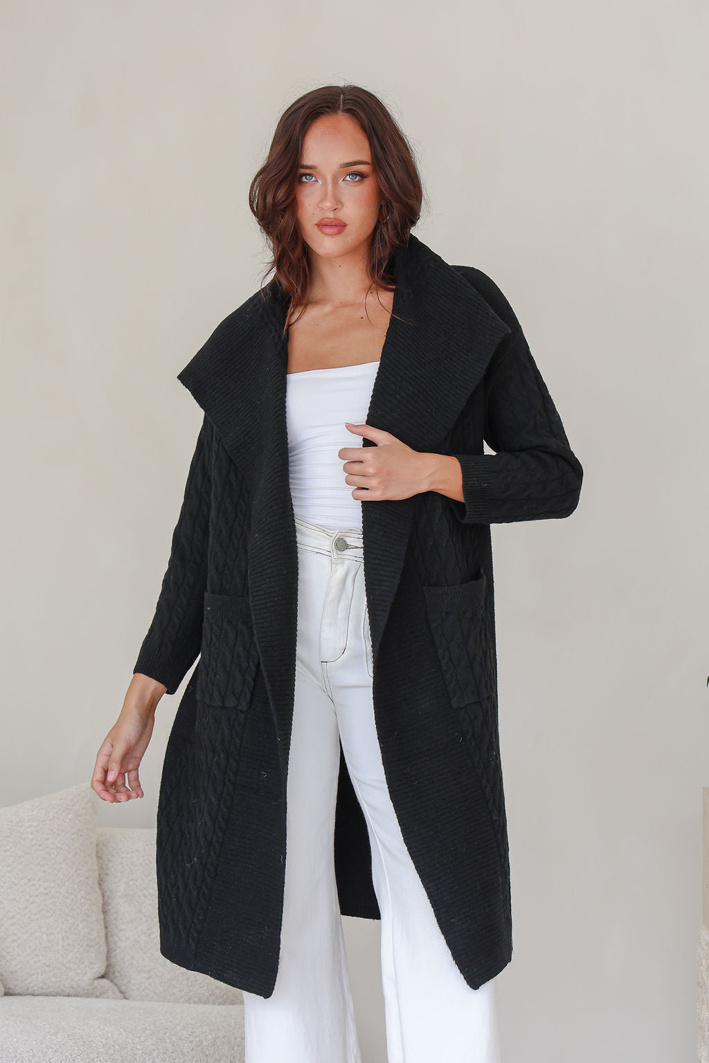 Collection of Miss Marlow Longline Pocket Cable Cardigan - Black in a gallery layout