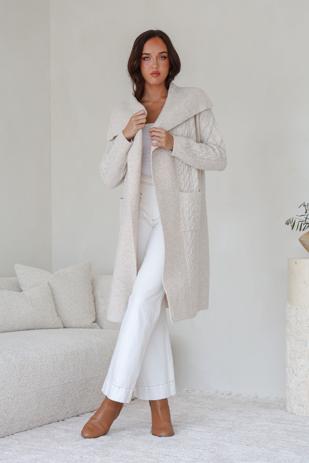 Collection of Miracle Longline Pocket Cable Cardigan - Beige in a gallery layout