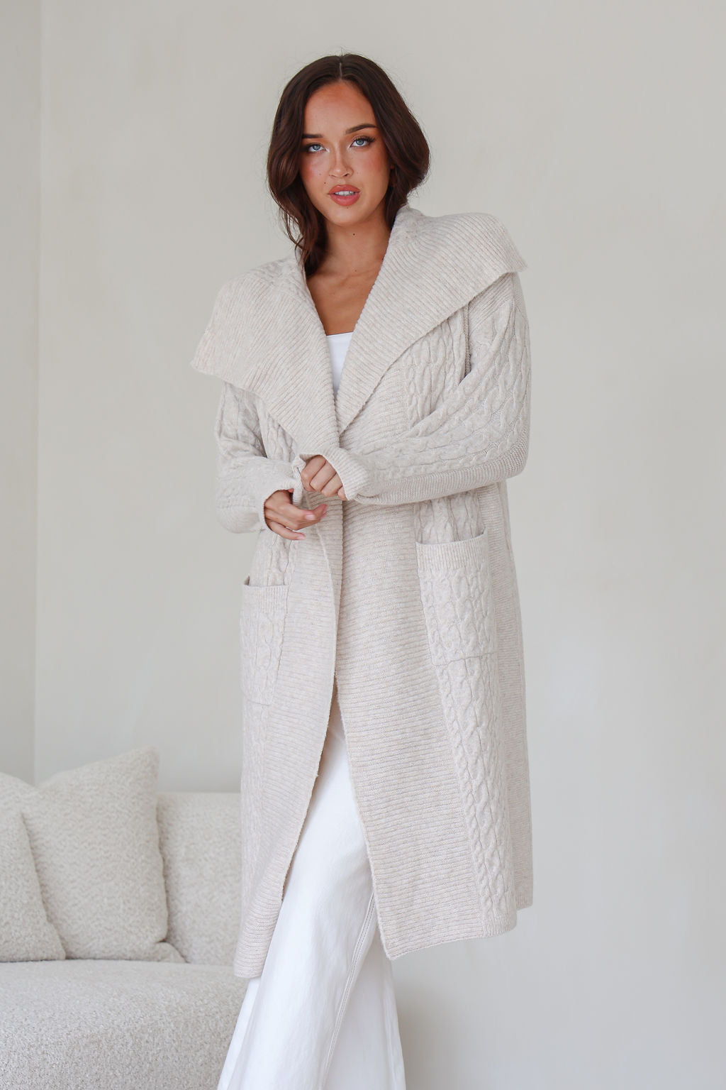Collection of Miracle Longline Pocket Cable Cardigan - Beige in a gallery layout