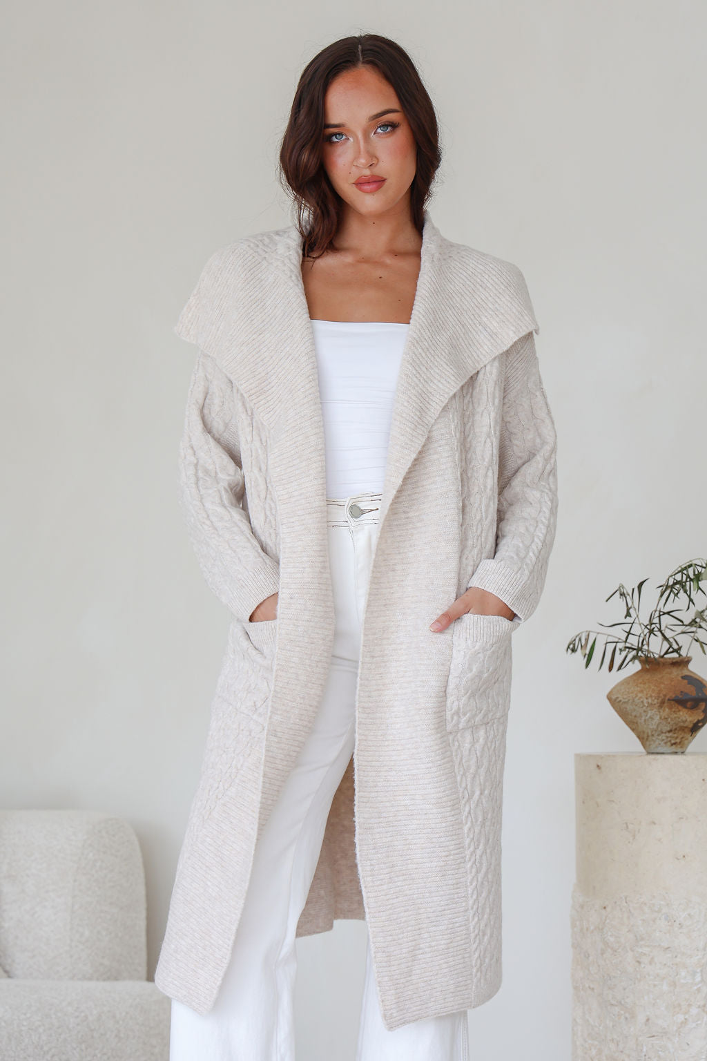Miracle Longline Pocket Cable Cardigan - Beige