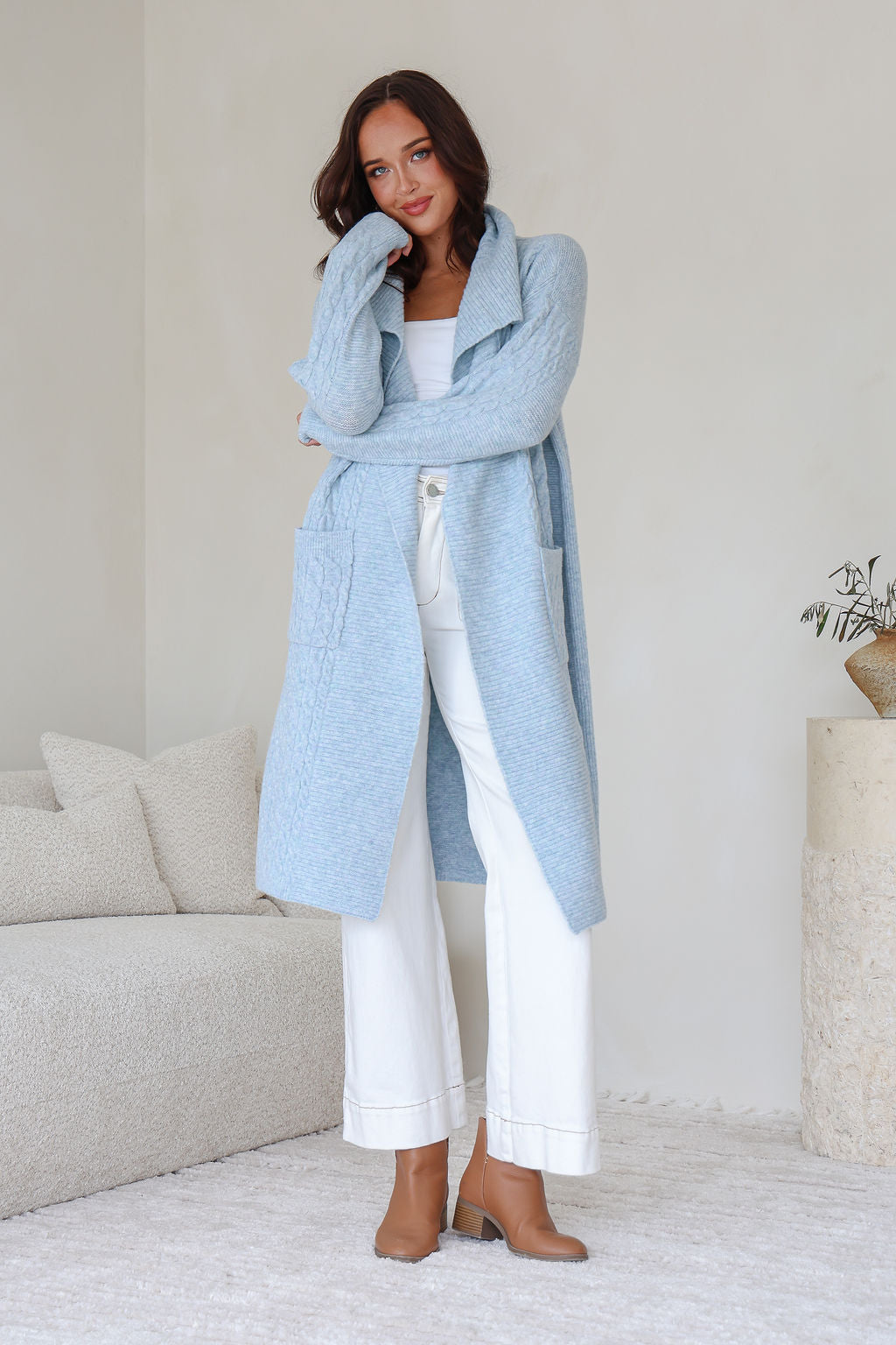 Collection of Miss Marlow Longline Pocket Cable Cardigan - Powder Blue in a gallery layout