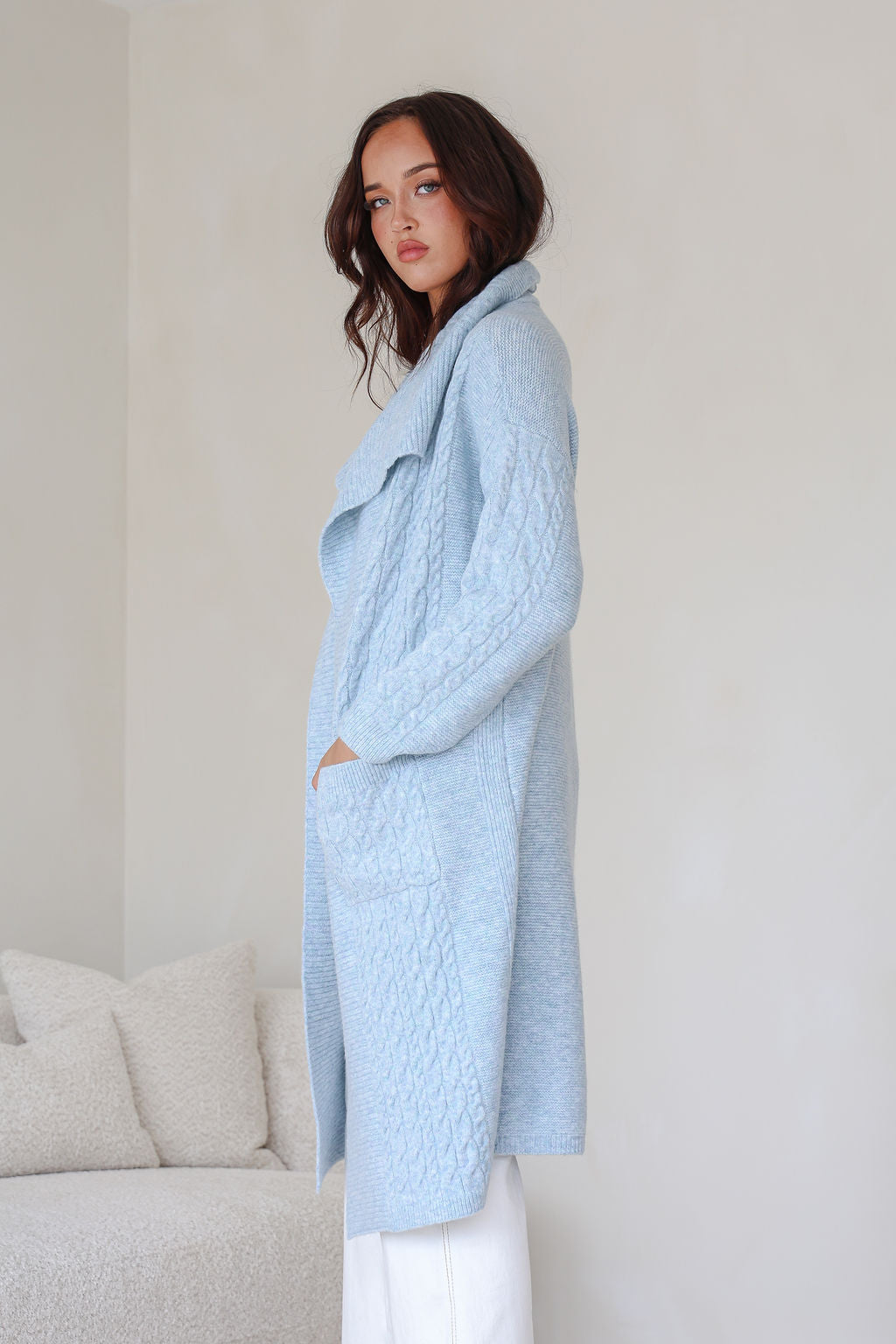 Collection of Miss Marlow Longline Pocket Cable Cardigan - Powder Blue in a gallery layout