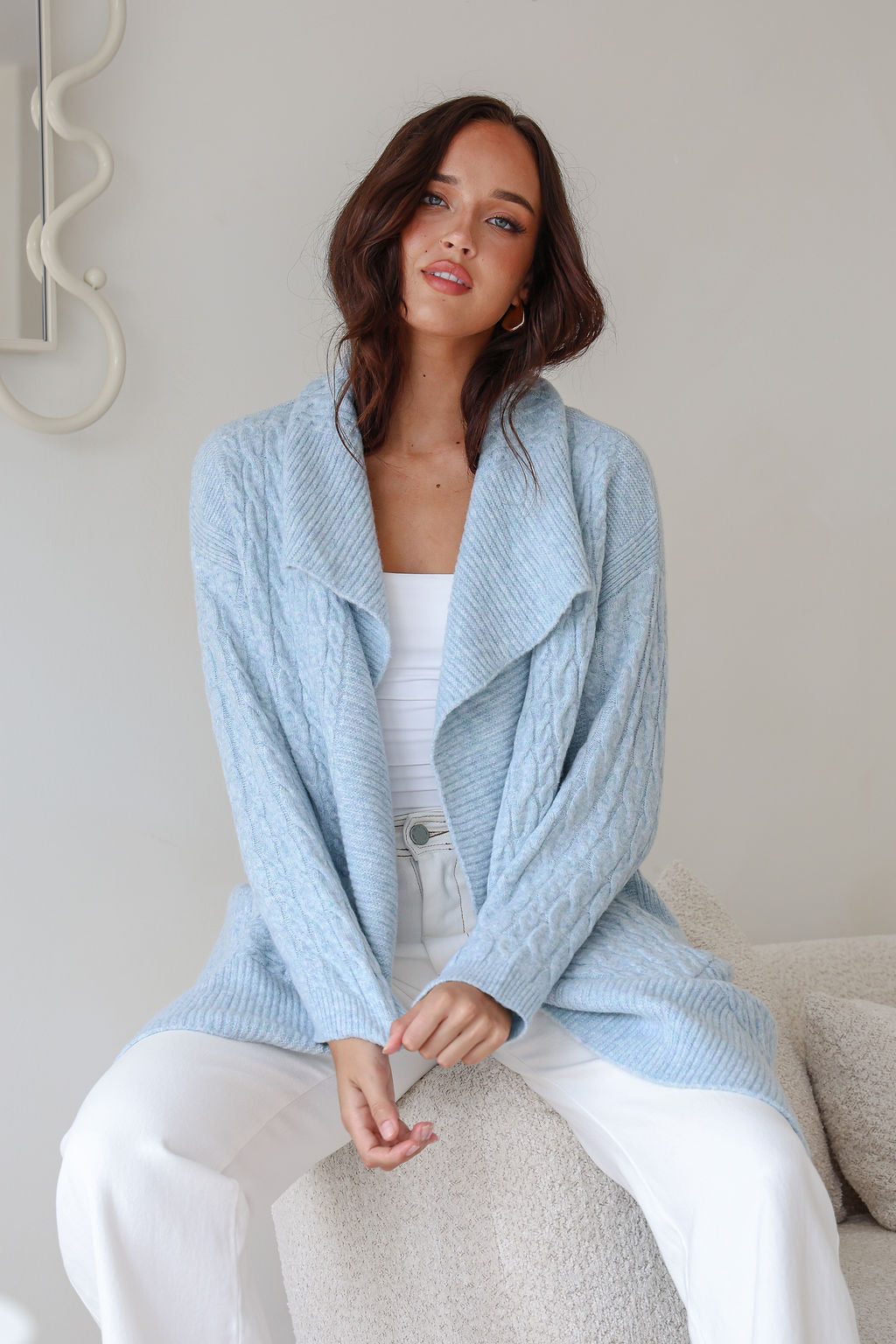 Collection of Miss Marlow Longline Pocket Cable Cardigan - Powder Blue in a gallery layout