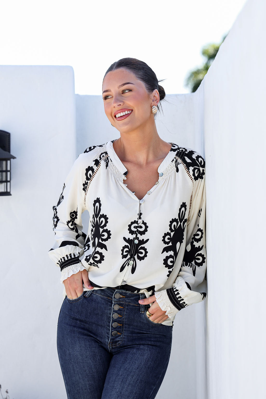 Collection of Grace & Co Bryant Button Filagree Top - Winter White in a gallery layout