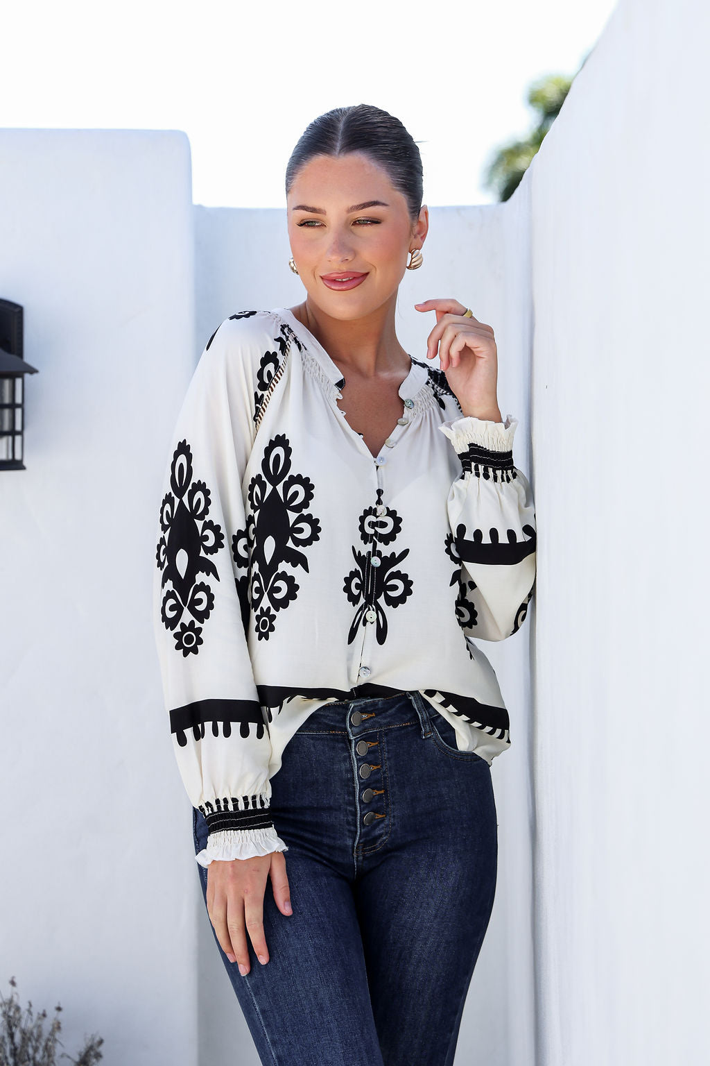 Collection of Grace & Co Bryant Button Filagree Top - Winter White in a gallery layout