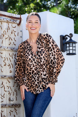 Collection of Grace & Co Shirred Cuff Button Leopard Top in a gallery layout