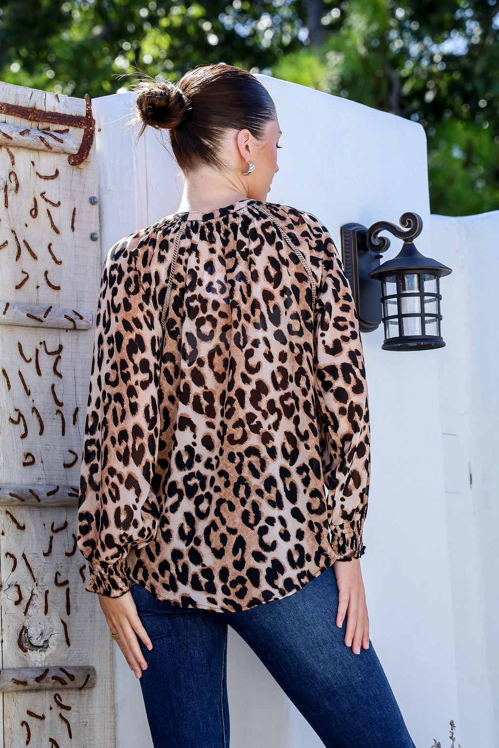 Grace & Co Shirred Cuff Button Leopard Top