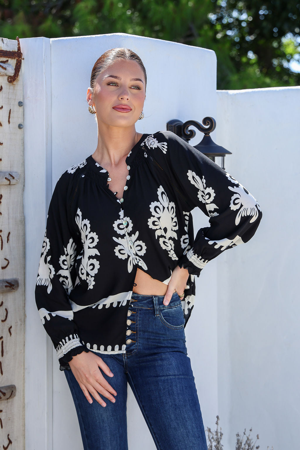 Collection of Grace & Co Shirred Detail Embroidery Top - Black in a gallery layout