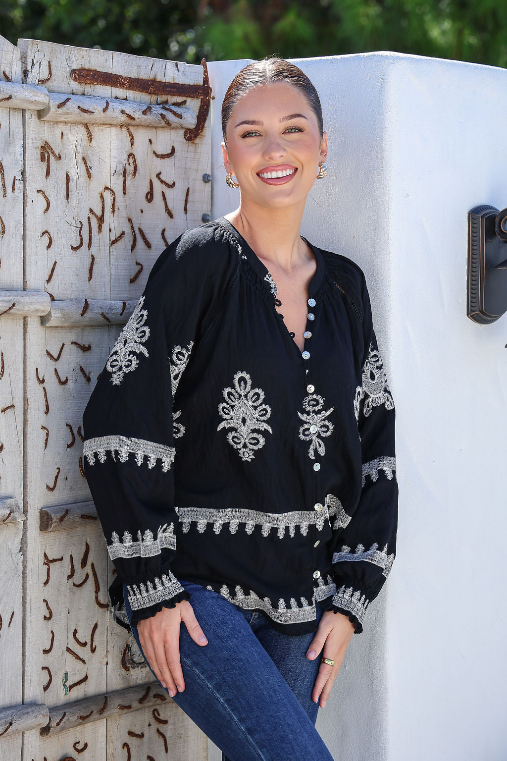 Collection of Grace & Co Shirred Detail Embroidery Top - Black in a gallery layout