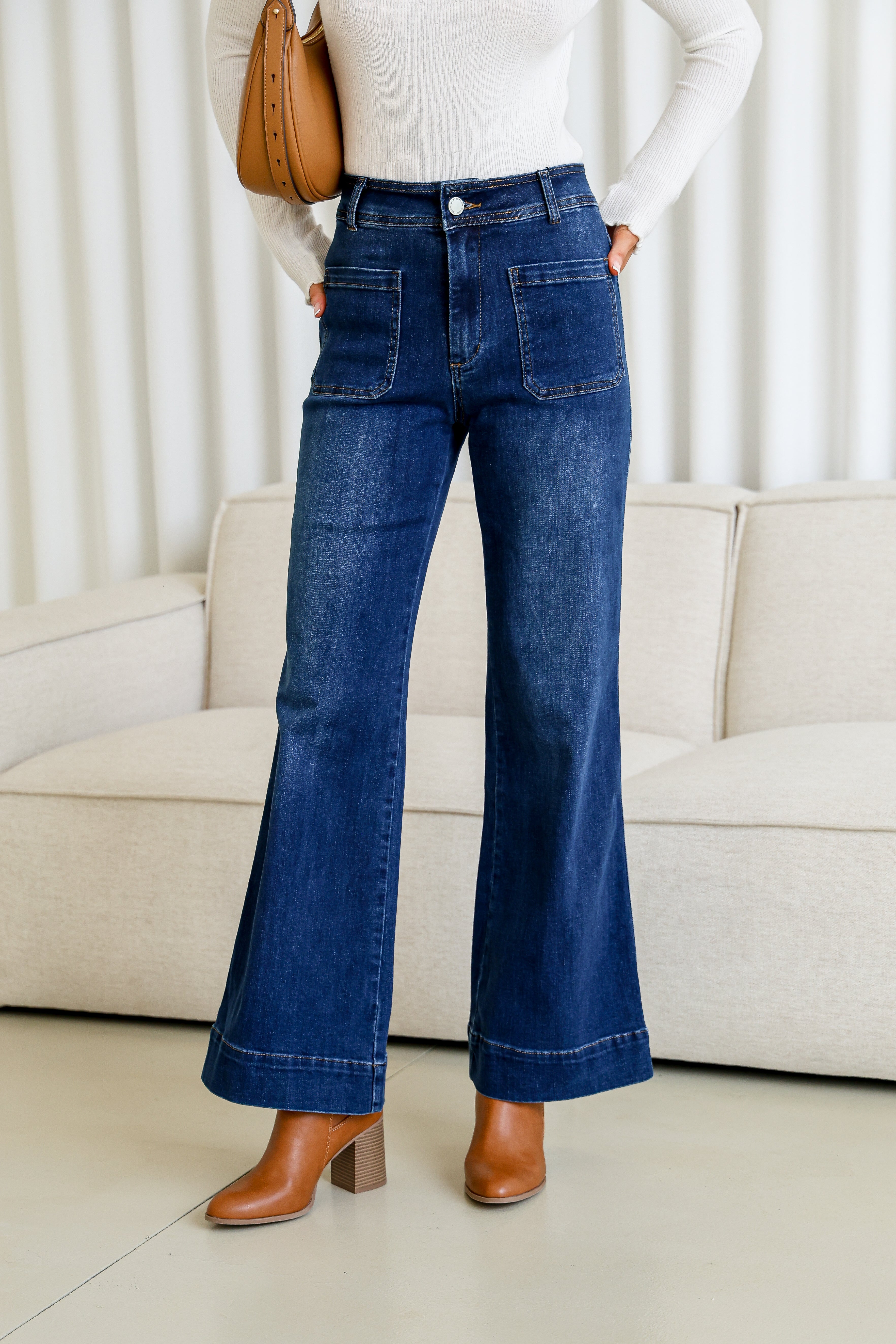 Collection of Country Denim Front Pocket Straight Leg Jean- Dark Blue in a gallery layout