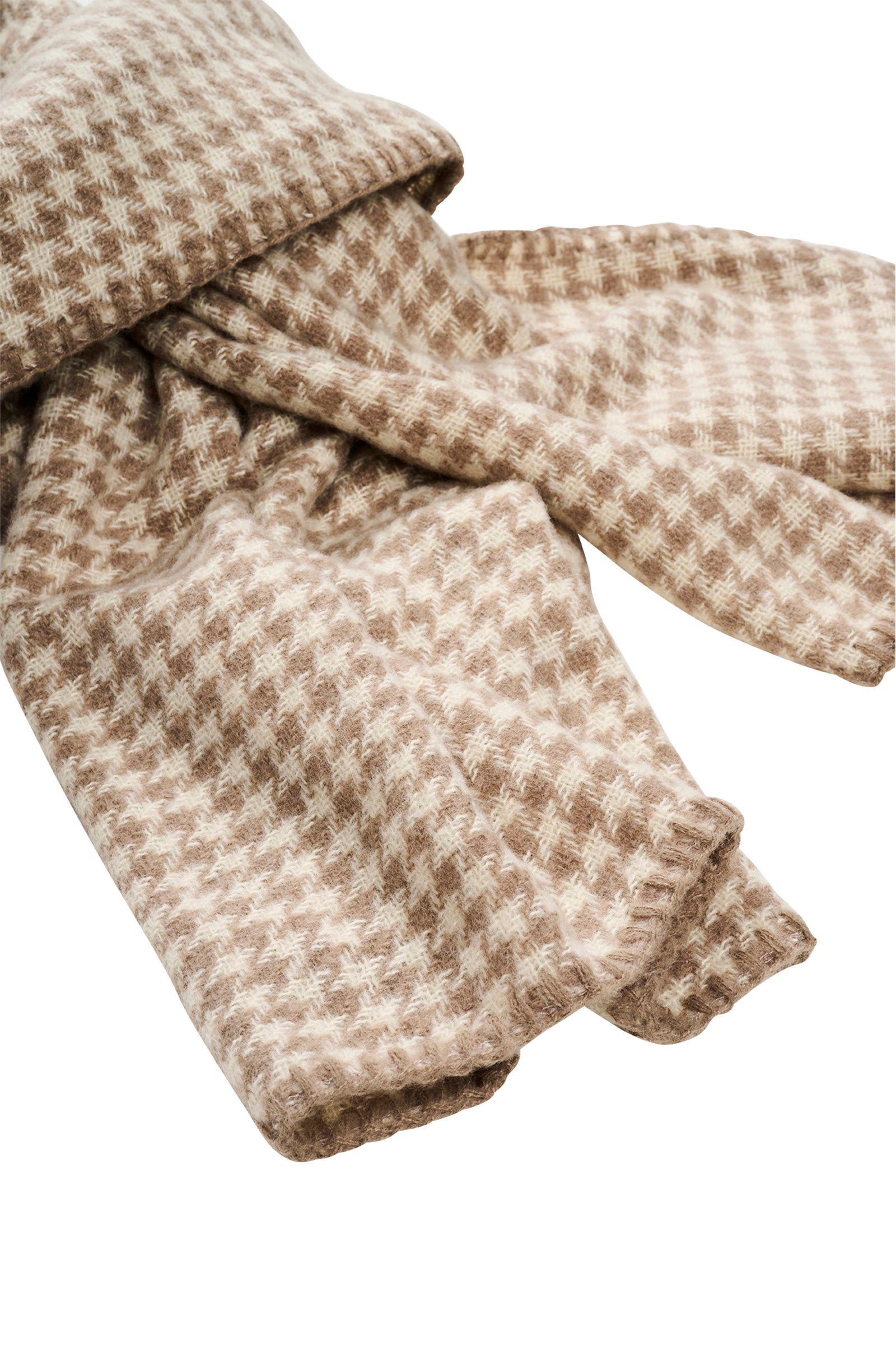 Image of Isle of Mine Folded checkered scarf with brown and beige pattern on a white background