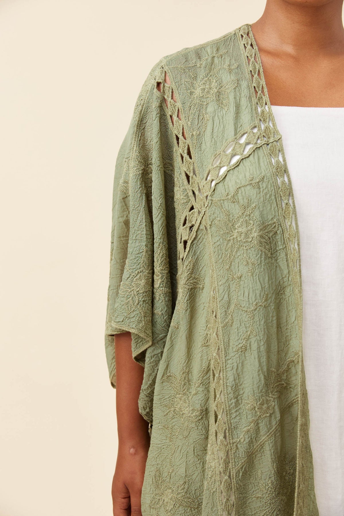 A close-up of a woman wearing a Isle of Mine sage green textured crochet kimono cover-up over a white top, set against a plain beige background.