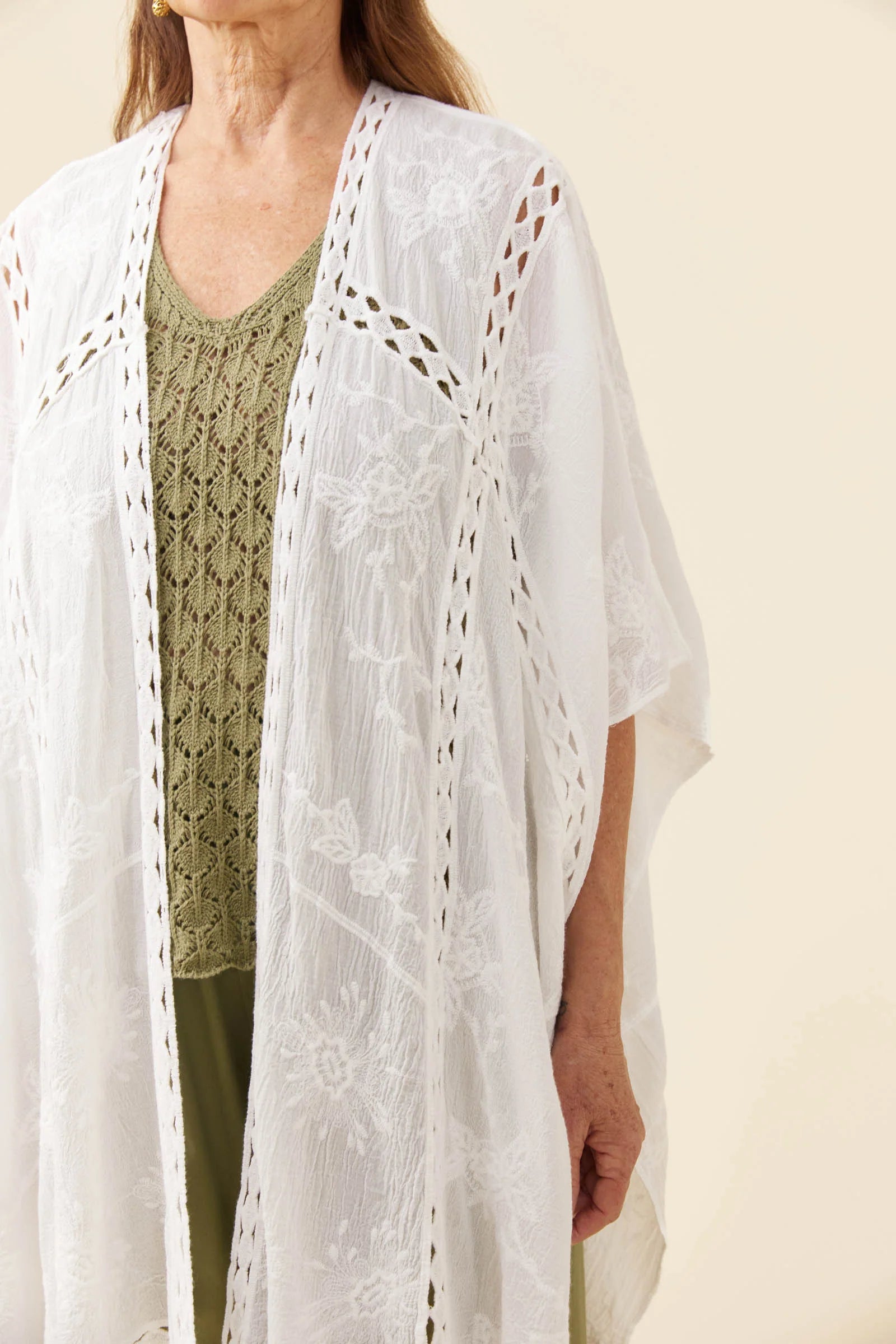 Image of A close-up of a woman wearing a Isle of Mine white floral embroidered open-front cardigan over an olive green knit top, set against a solid beige background.
