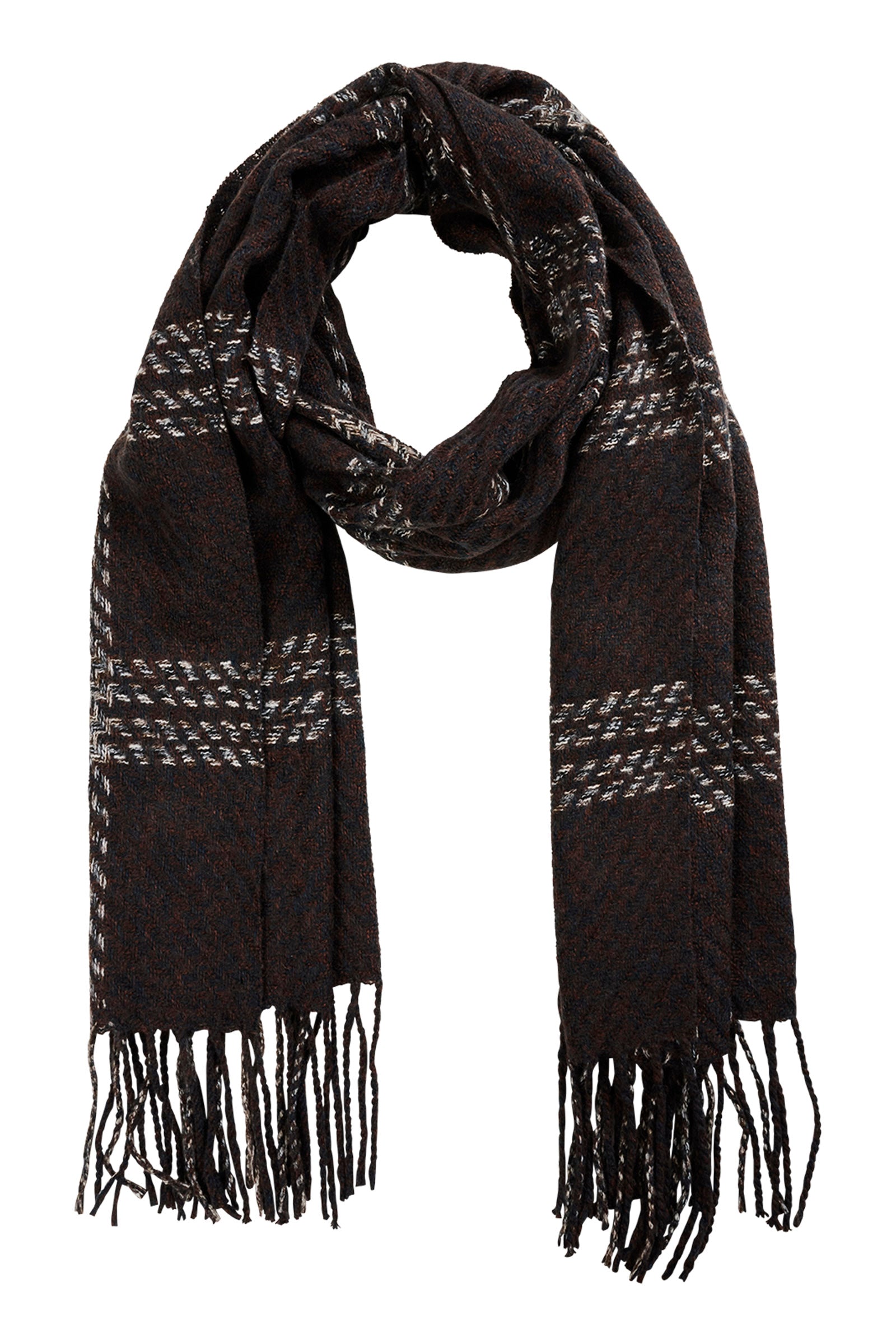 Eb & Ive chocolate scarf with white pattern and fringes on a white background
