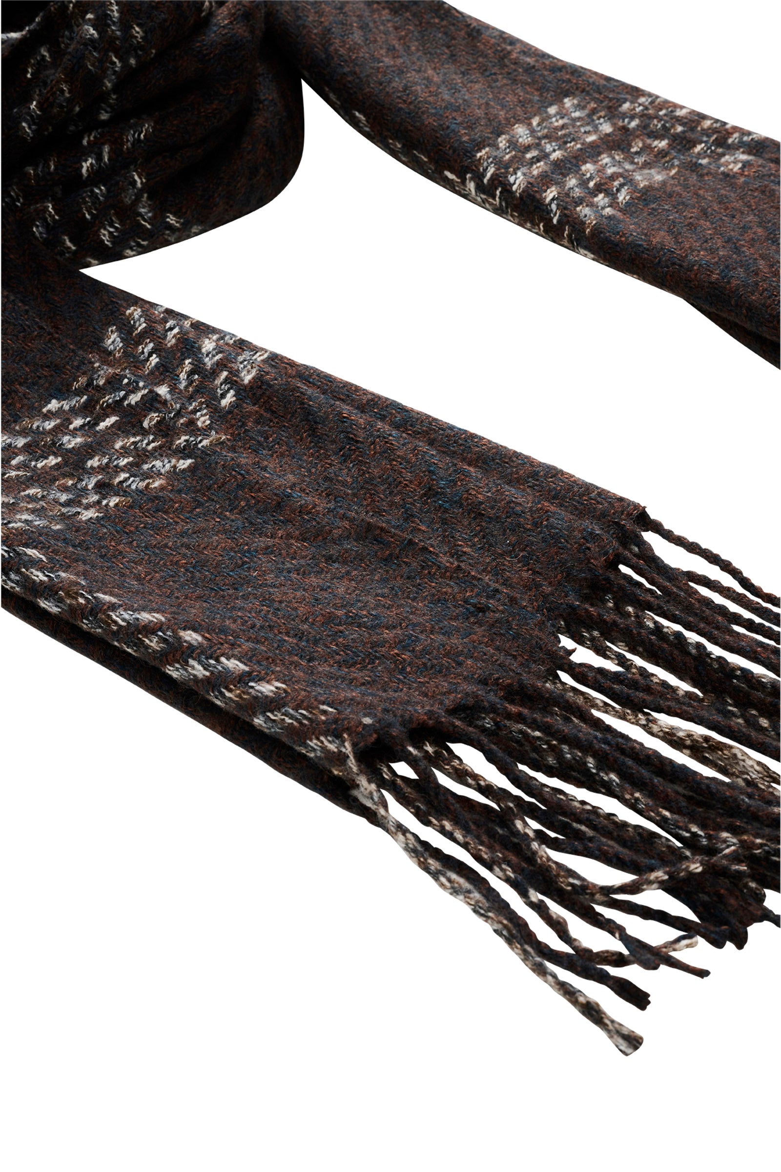 Image of Isle of Mine Dark brown scarf with fringes on a white background