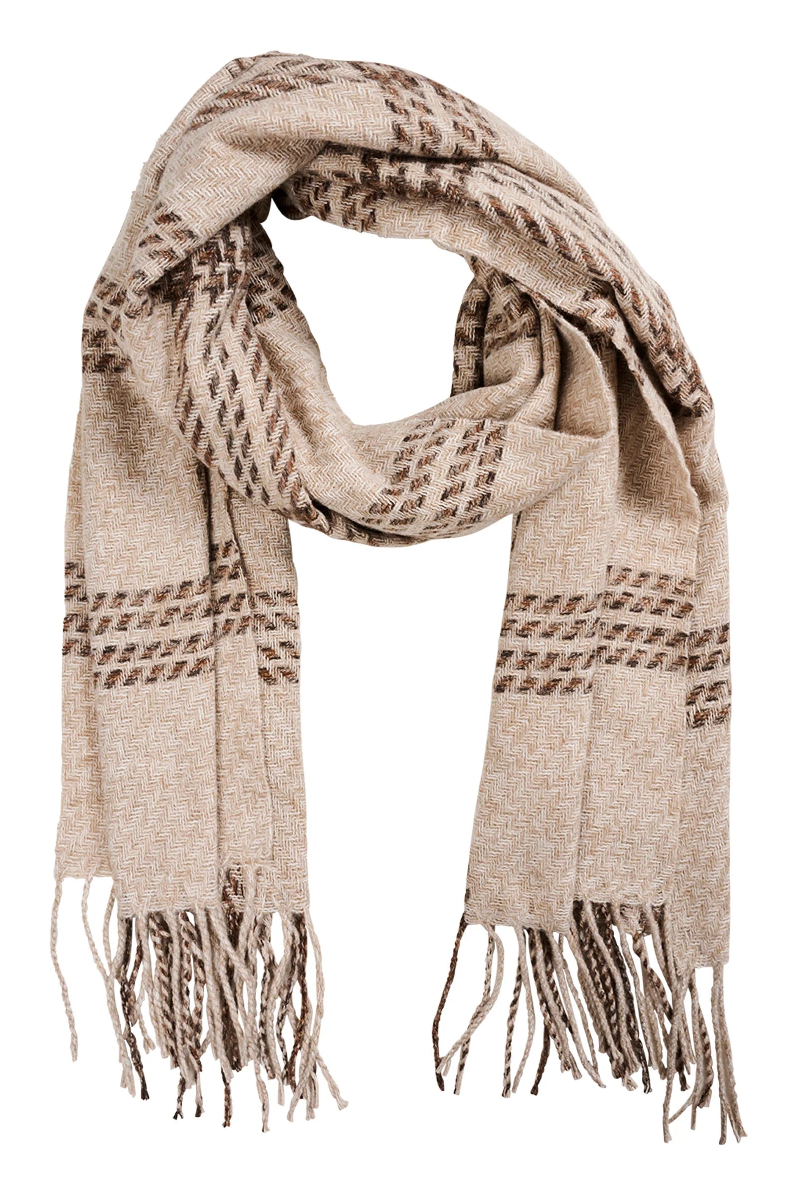 Eb & Ive Beige plaid scarf with fringe on a white background