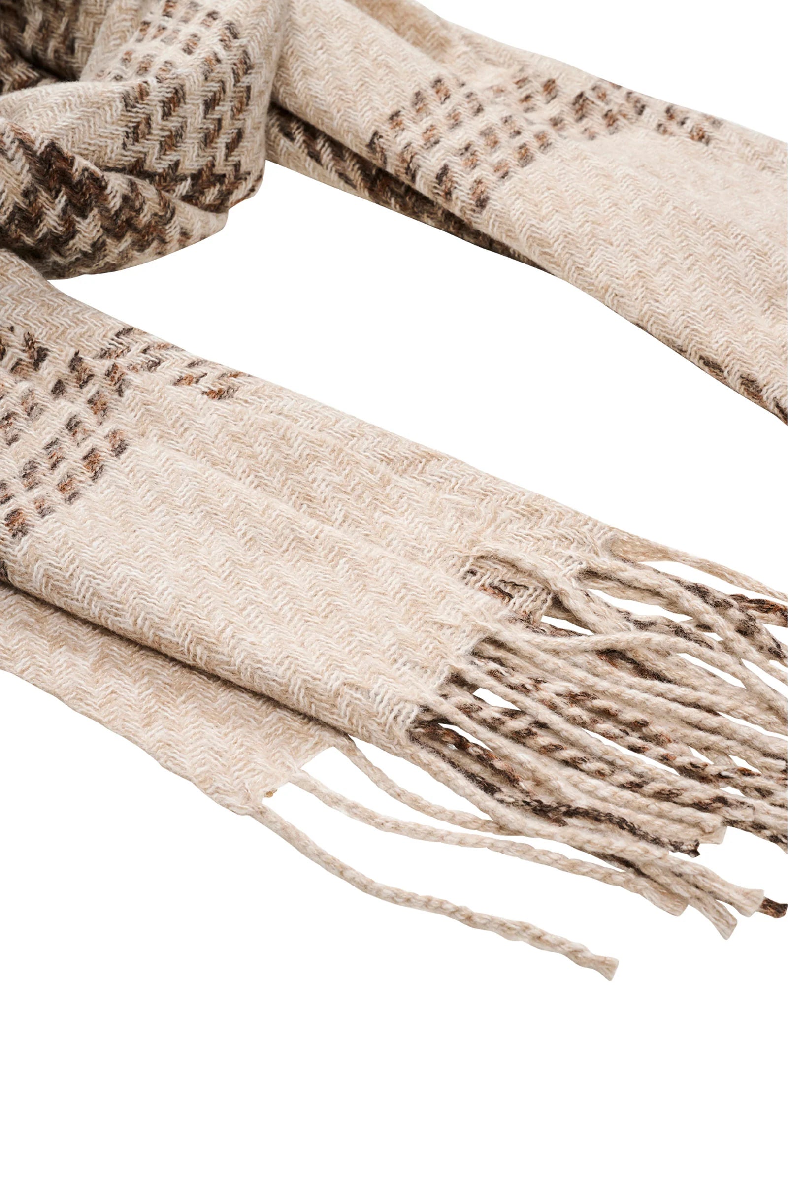 Image of Eb & Ive Beige scarf with brown pattern and tassels on a white background