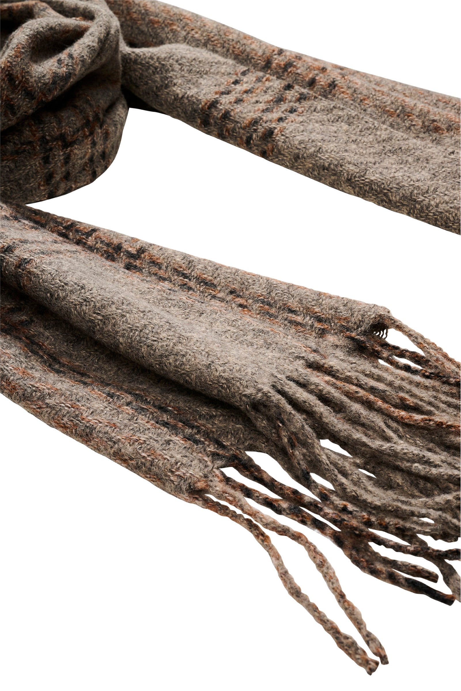 Image of Isle of Mine brown scarf with tassels on a white background
