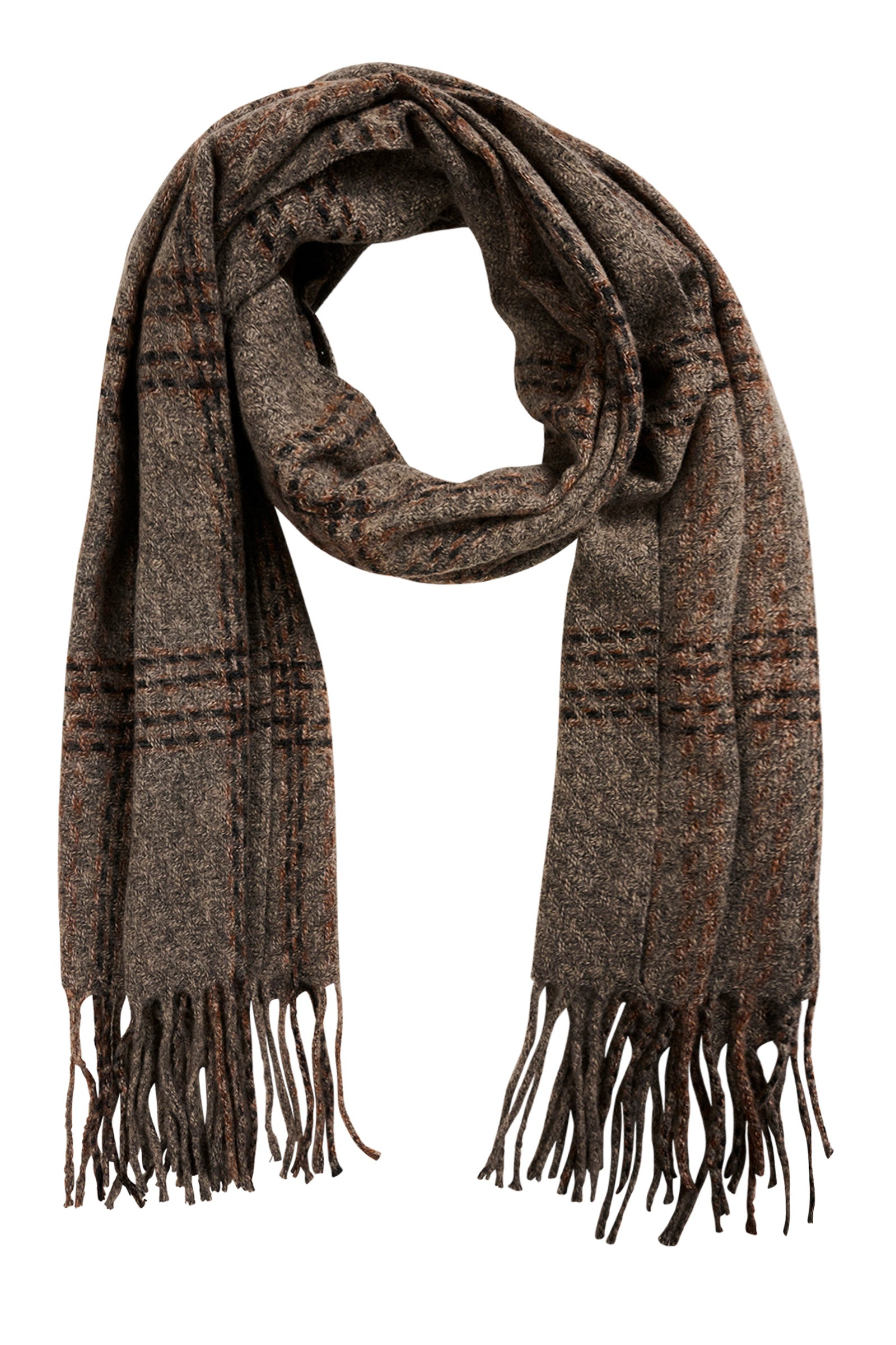 Image of Isle of Mine Brown plaid scarf with fringes on a white background